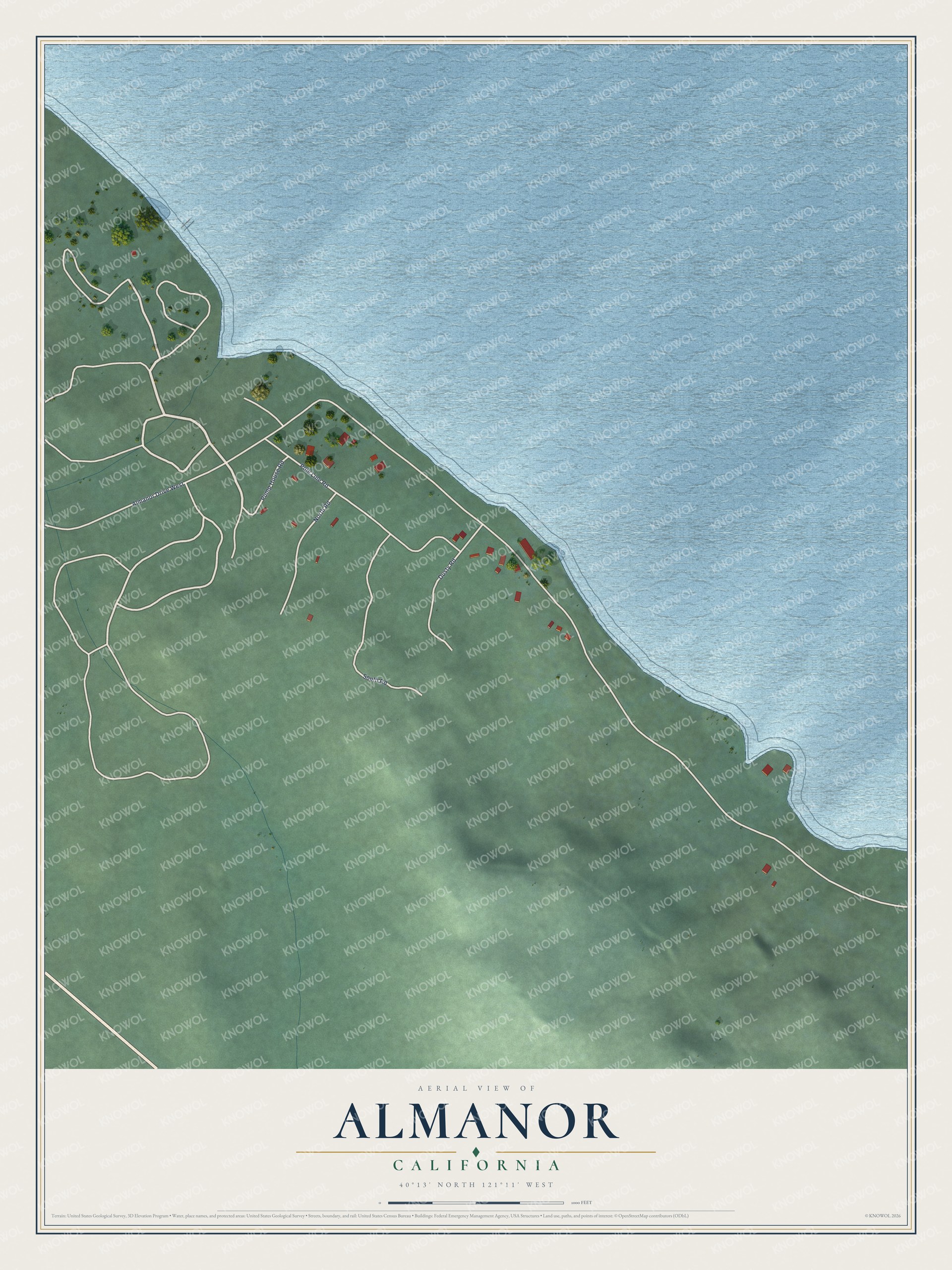 Full map of Almanor, California, with red buildings, printed street names and the land around them