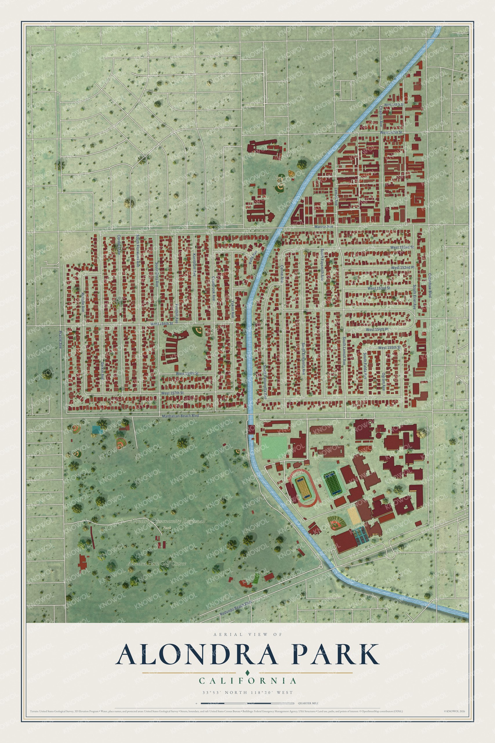 Full map of Alondra Park, California, with red buildings, printed street names and the land around them