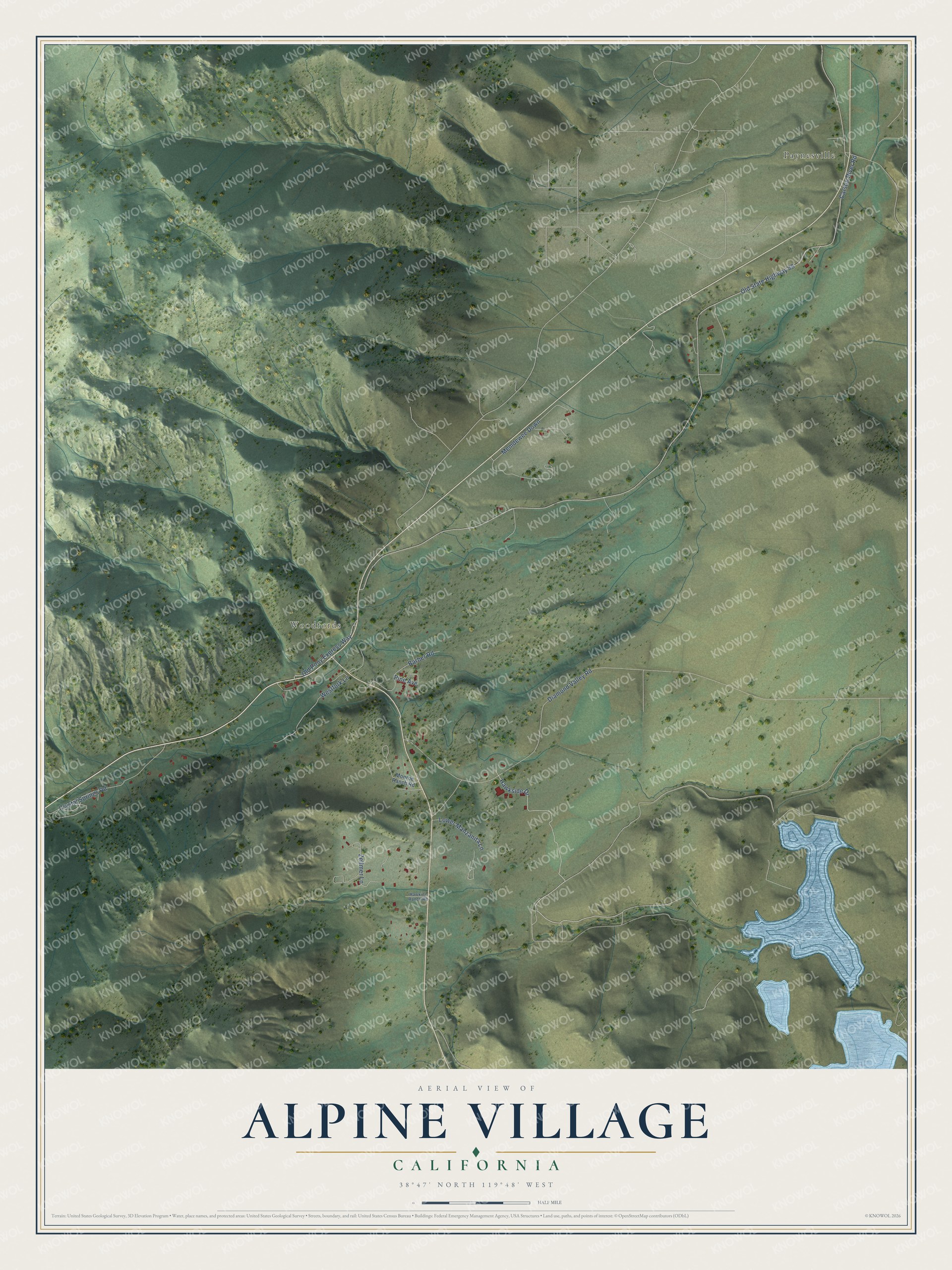 Full map of Alpine Village, California, with red buildings, printed street names and the land around them