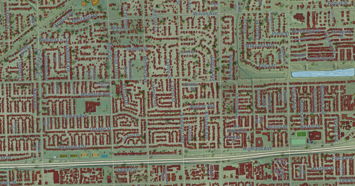 Close-up of streets and buildings in Alta Loma, California