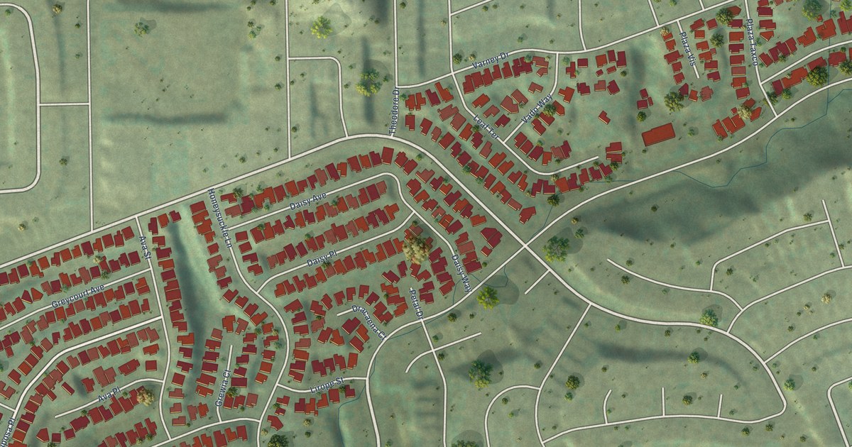 Close-up of streets and buildings in Alta Vista, California