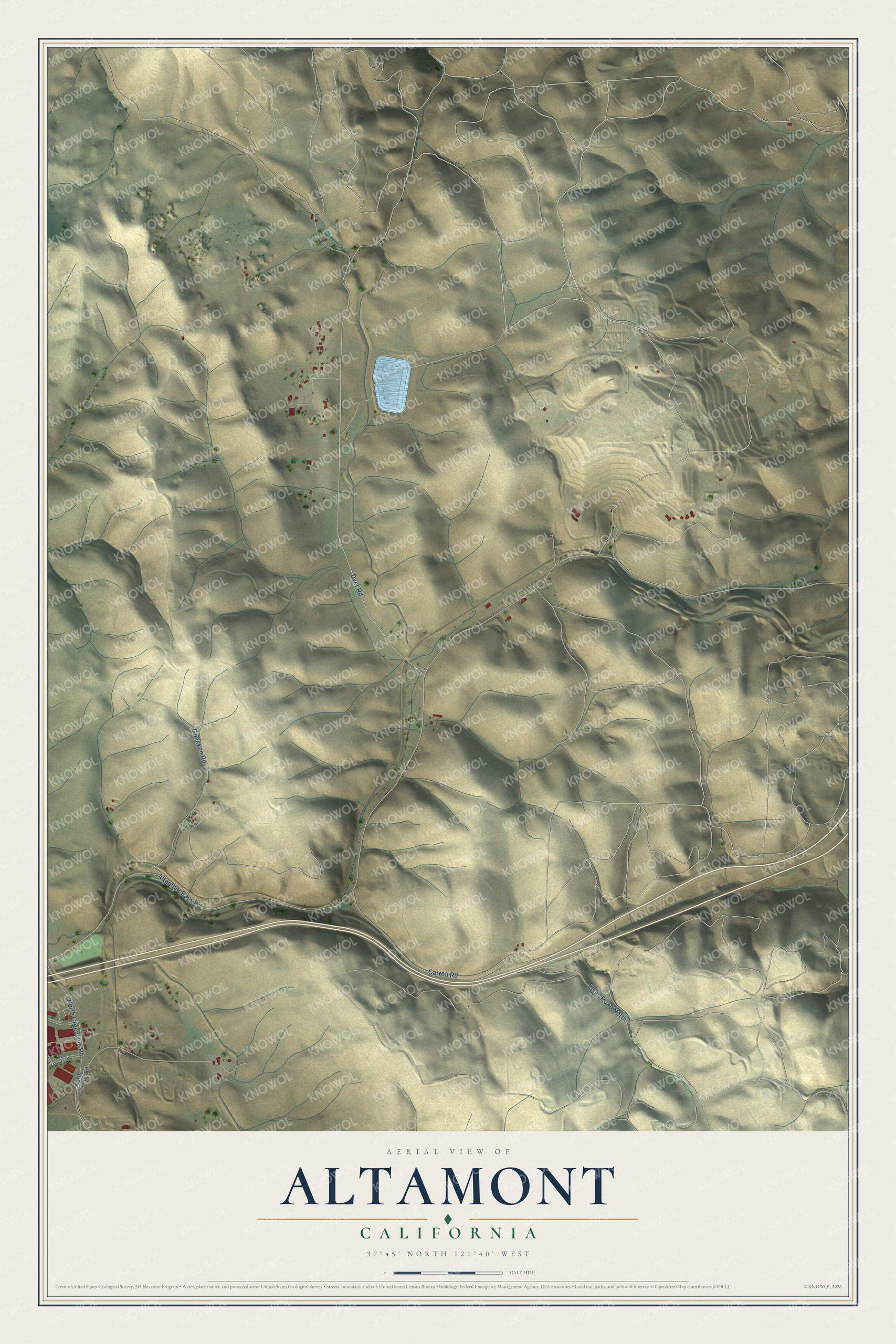 Full map of Altamont, California, with red buildings, printed street names and the land around them