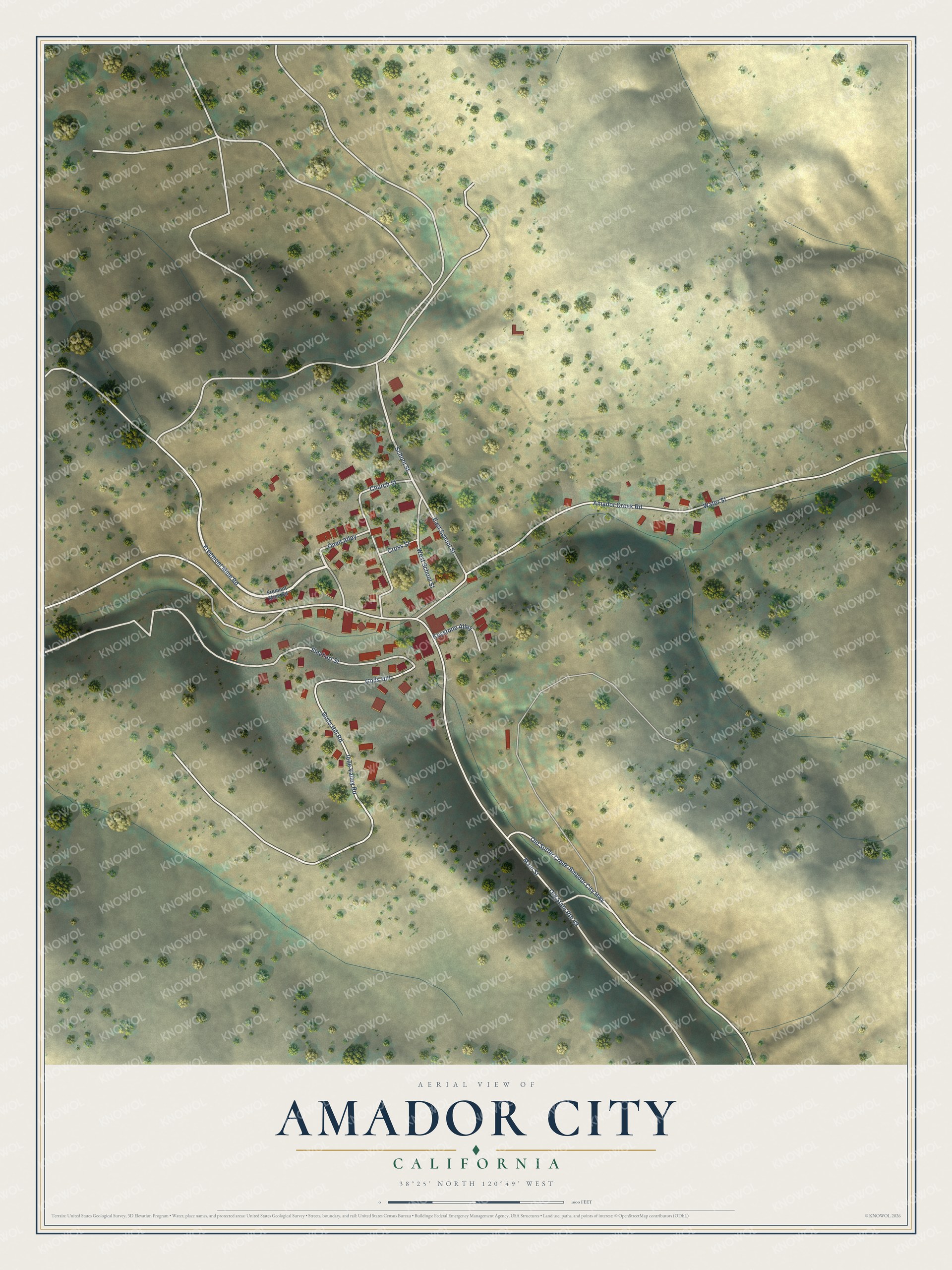 Full map of Amador City, California, with red buildings, printed street names and the land around them