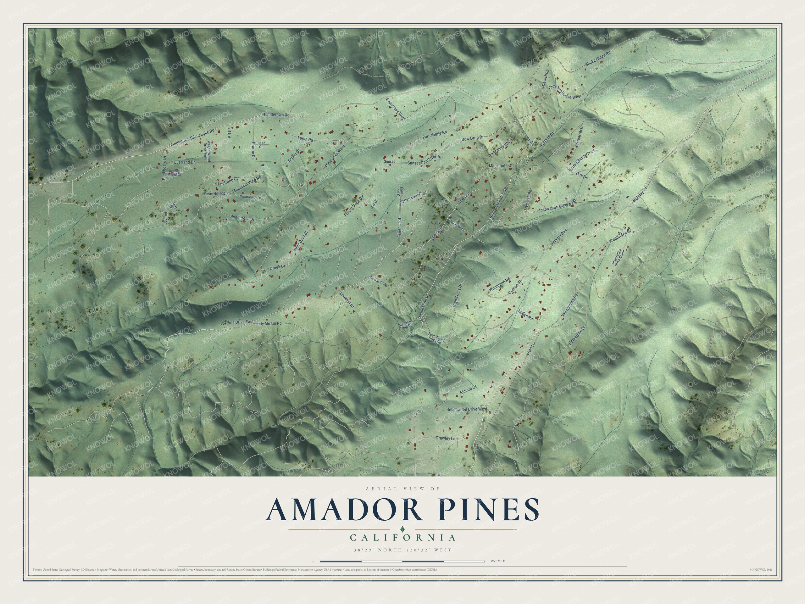 Full map of Amador Pines, California, with red buildings, printed street names and the land around them