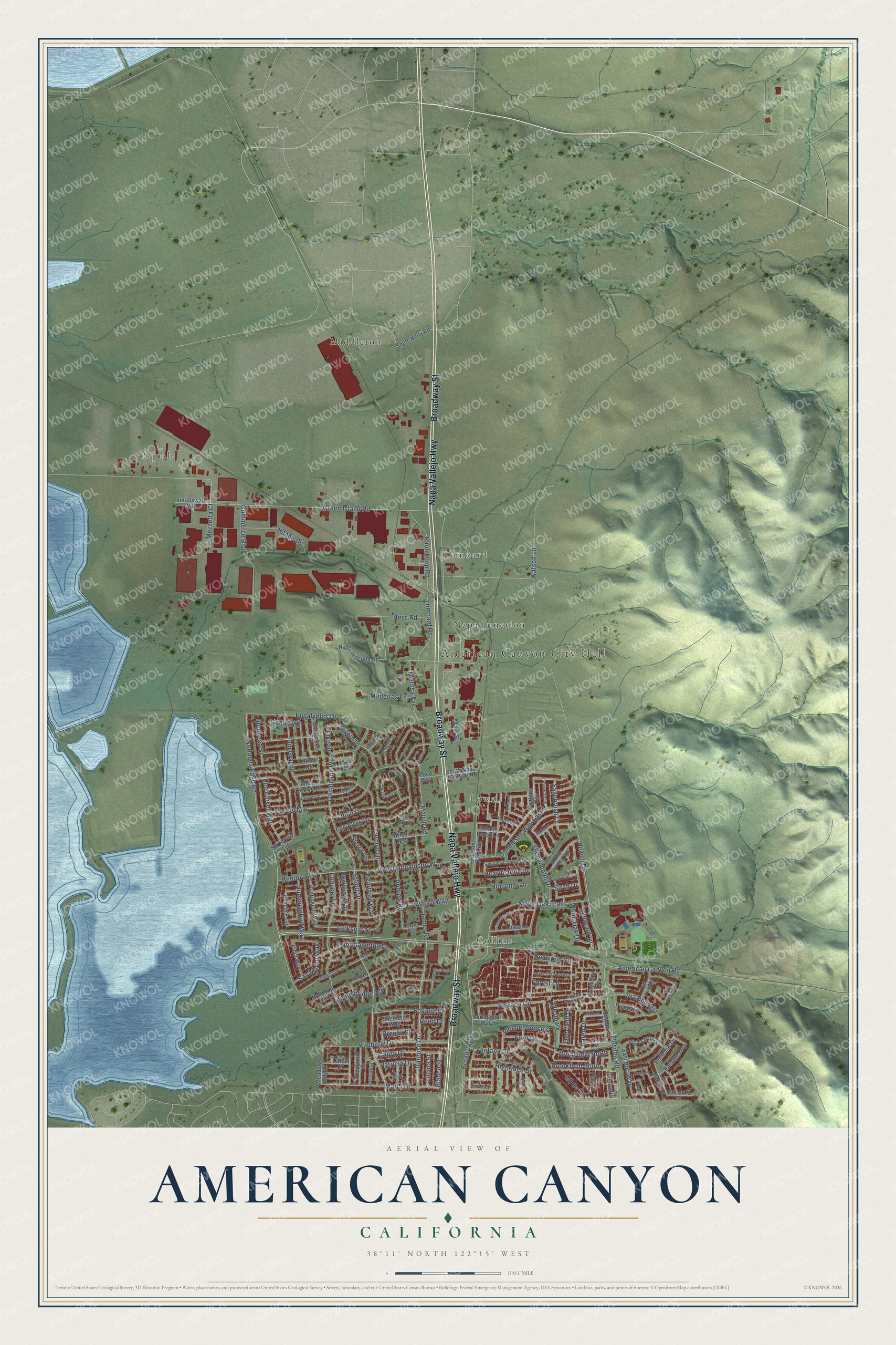 Full map of American Canyon, California, with red buildings, printed street names and the land around them