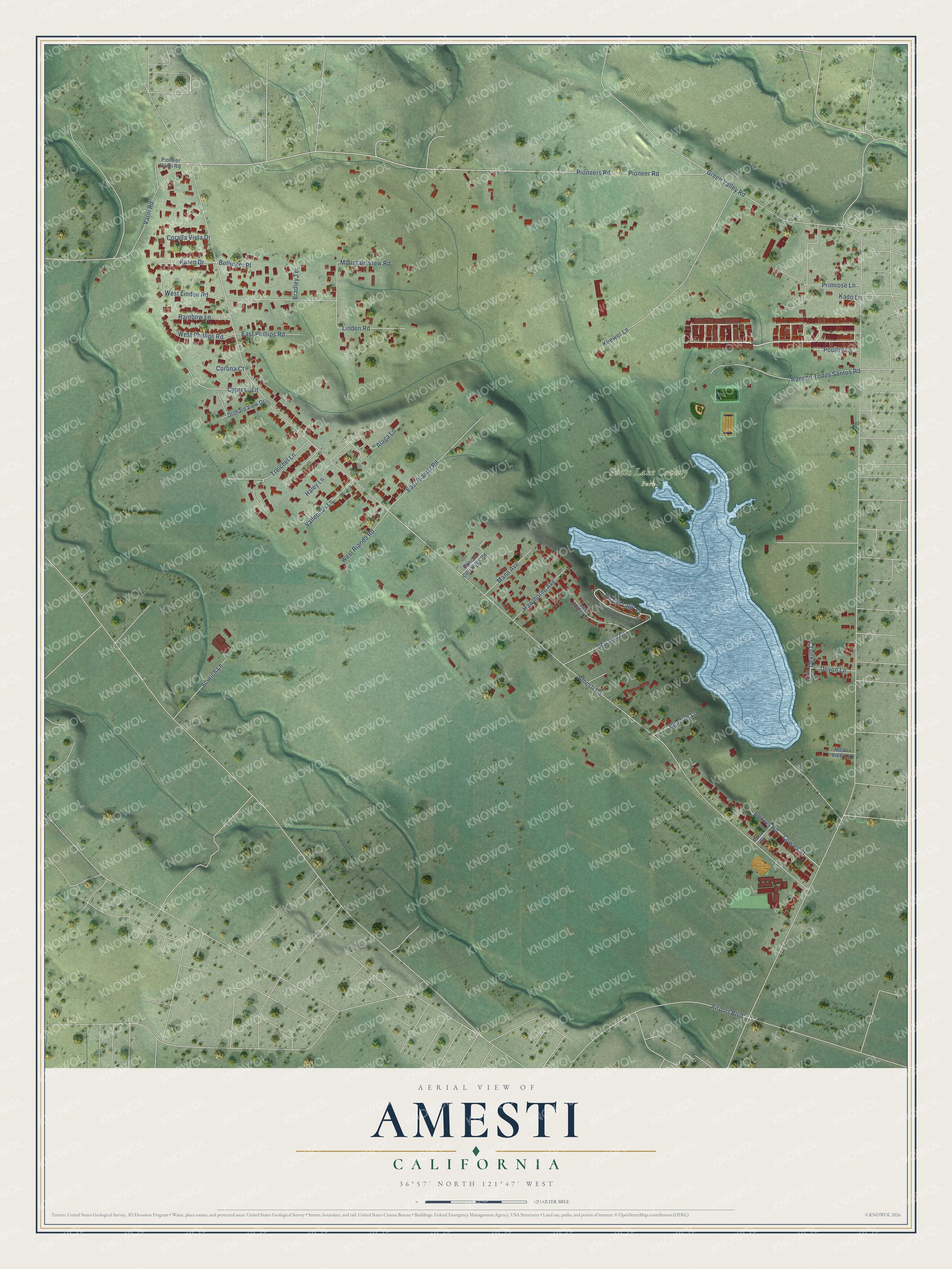 Full map of Amesti, California, with red buildings, printed street names and the land around them