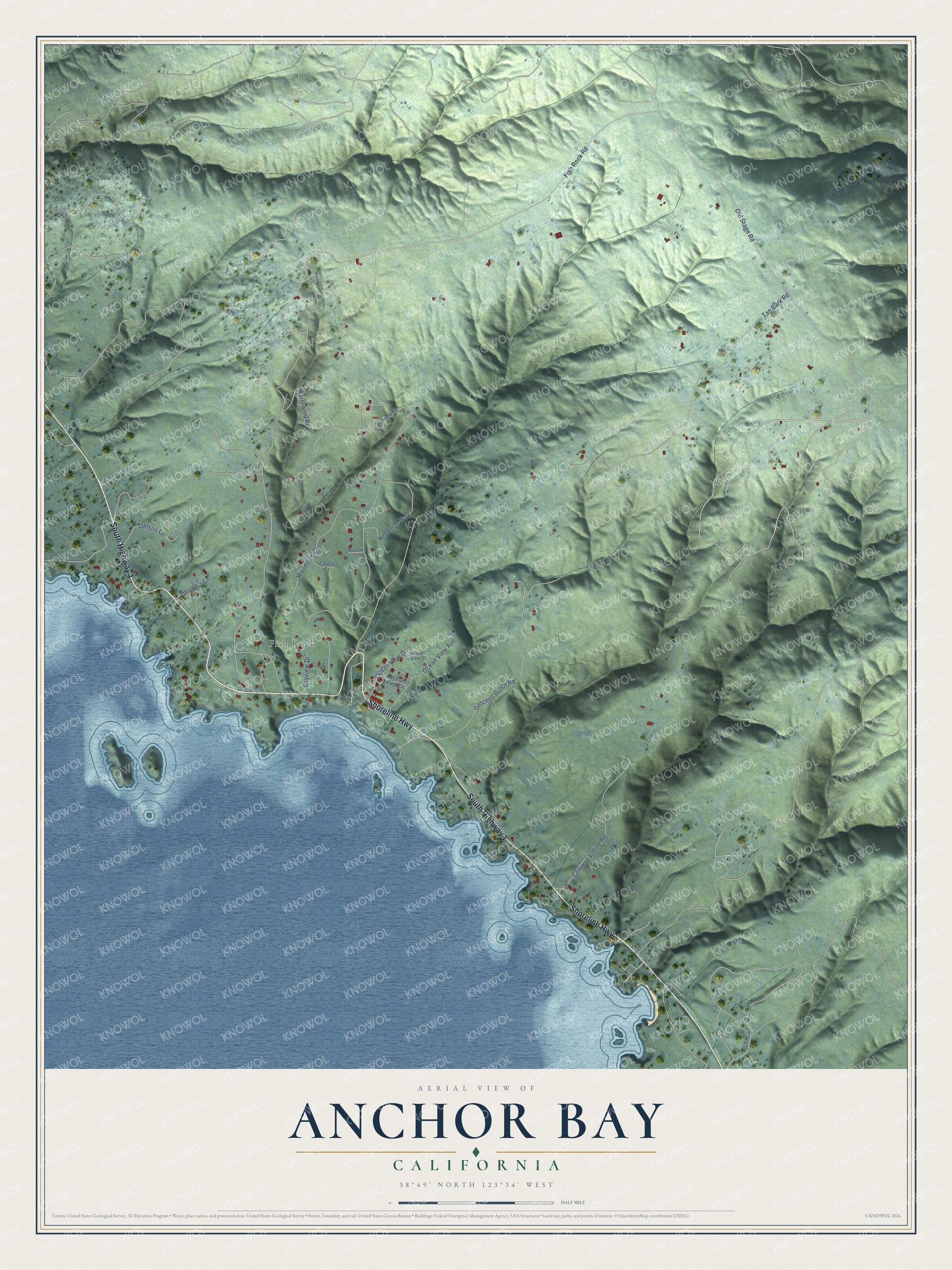 Full map of Anchor Bay, California, with red buildings, printed street names and the land around them