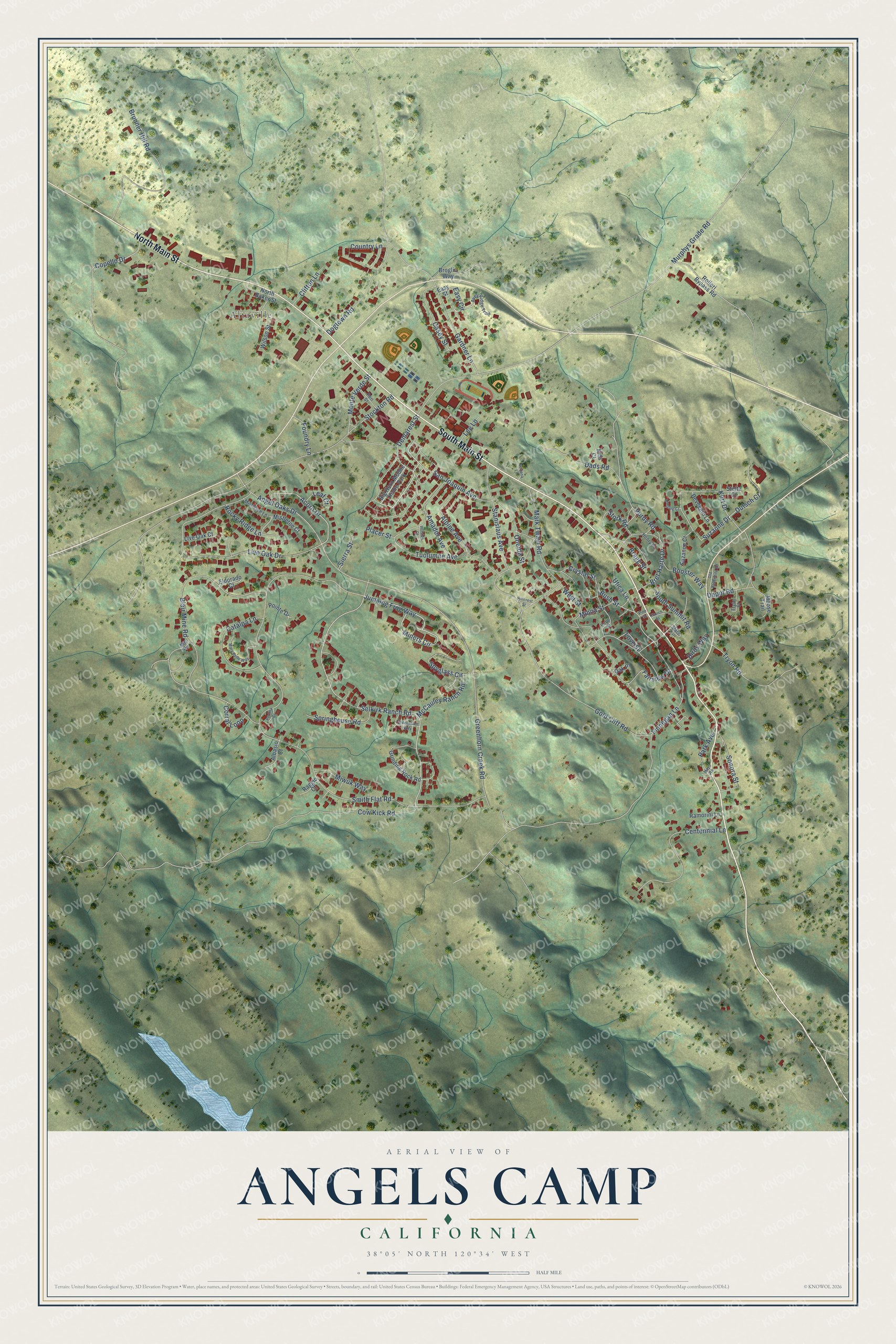 Full map of Angels Camp, California, with red buildings, printed street names and the land around them