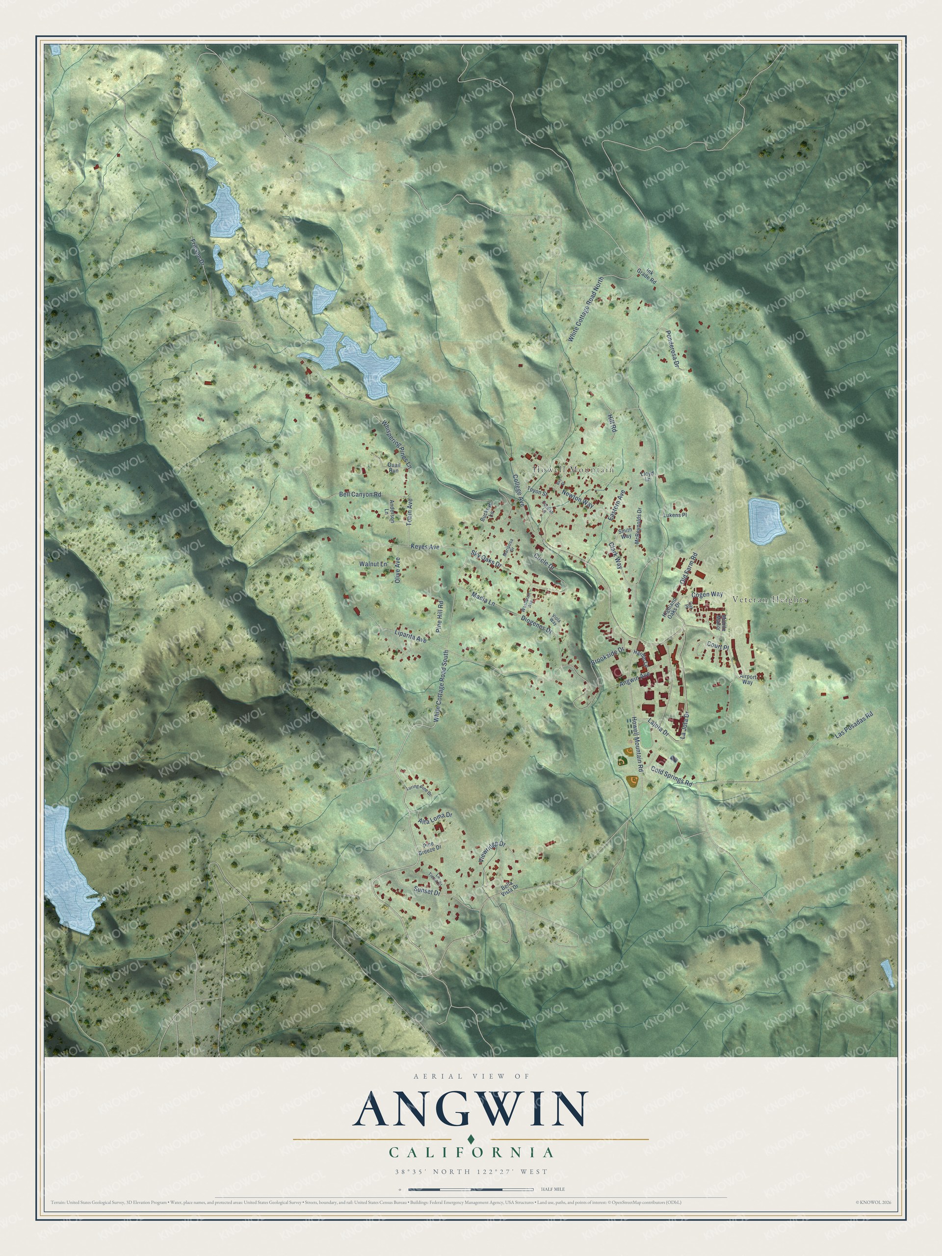 Full map of Angwin, California, with red buildings, printed street names and the land around them