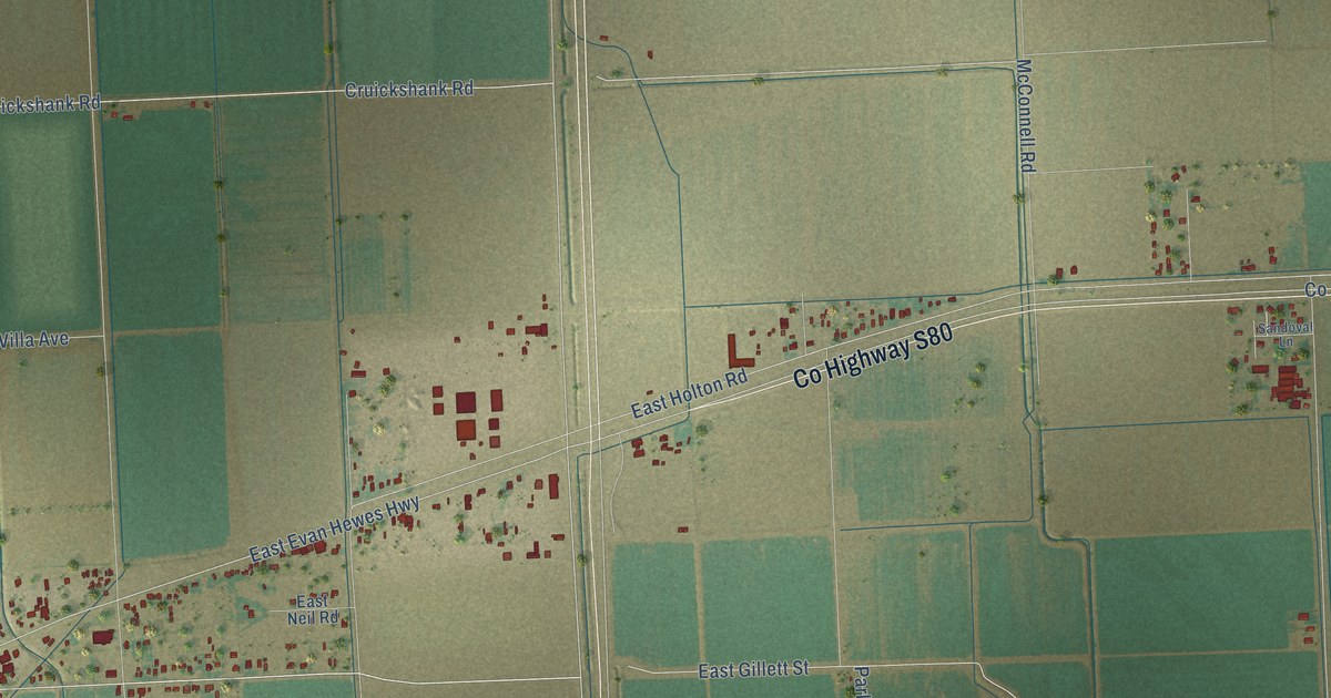 Close-up of streets and buildings in Anza, Imperial County, California