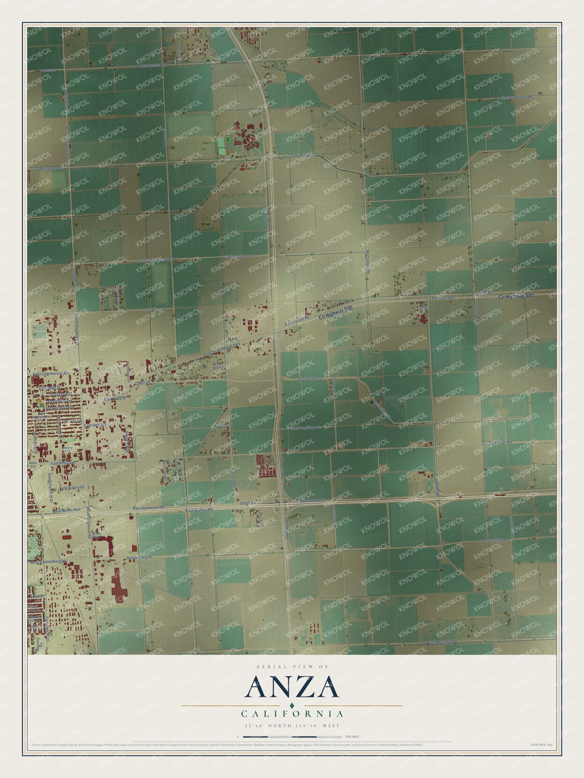Full map of Anza, California, with red buildings, printed street names and the land around them