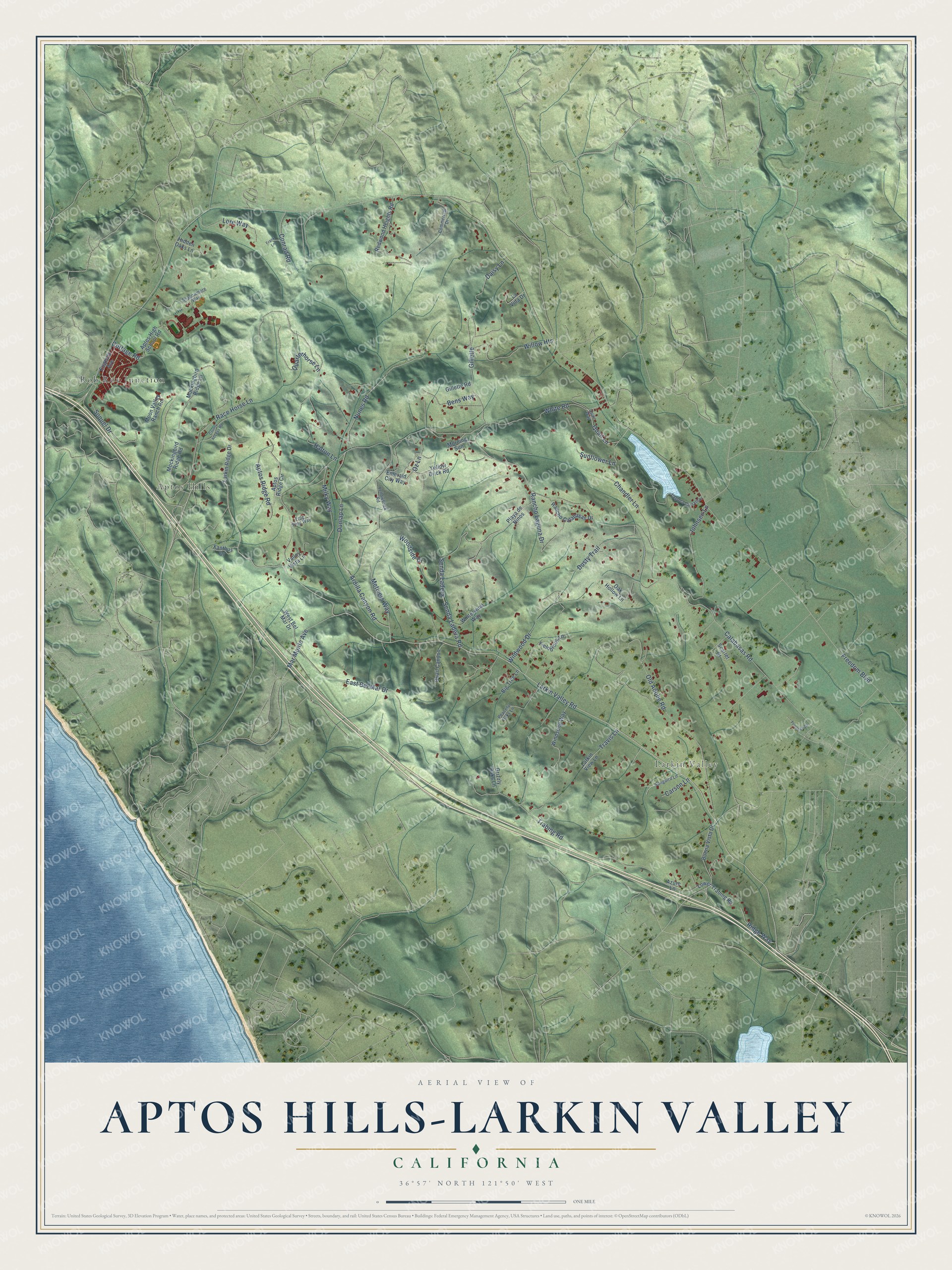 Full map of Aptos Hills-Larkin Valley, California, with red buildings, printed street names and the land around them