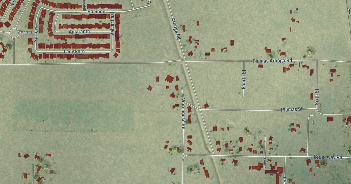 Close-up of streets and buildings in Arboga, California