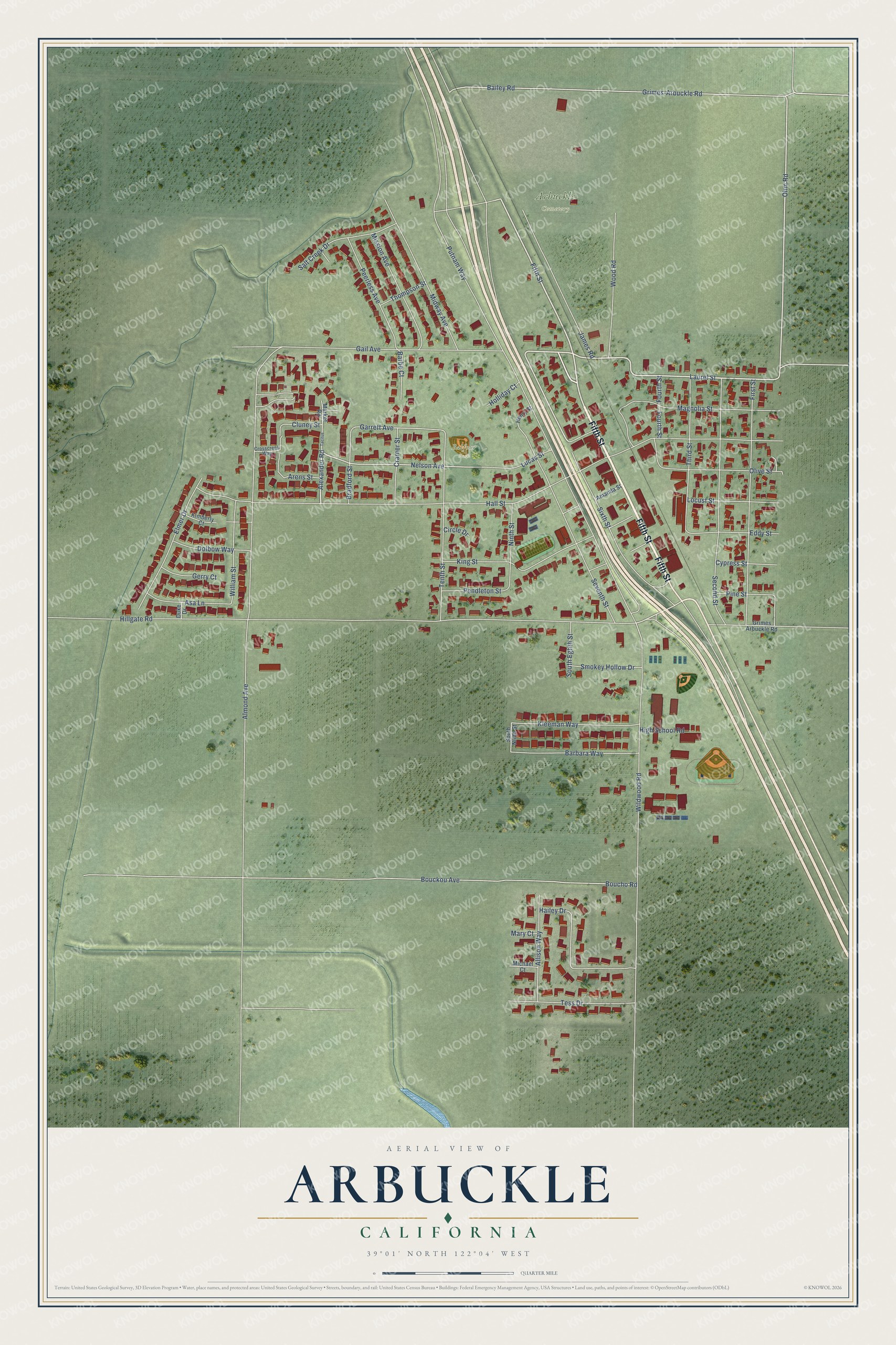 Full map of Arbuckle, California, with red buildings, printed street names and the land around them