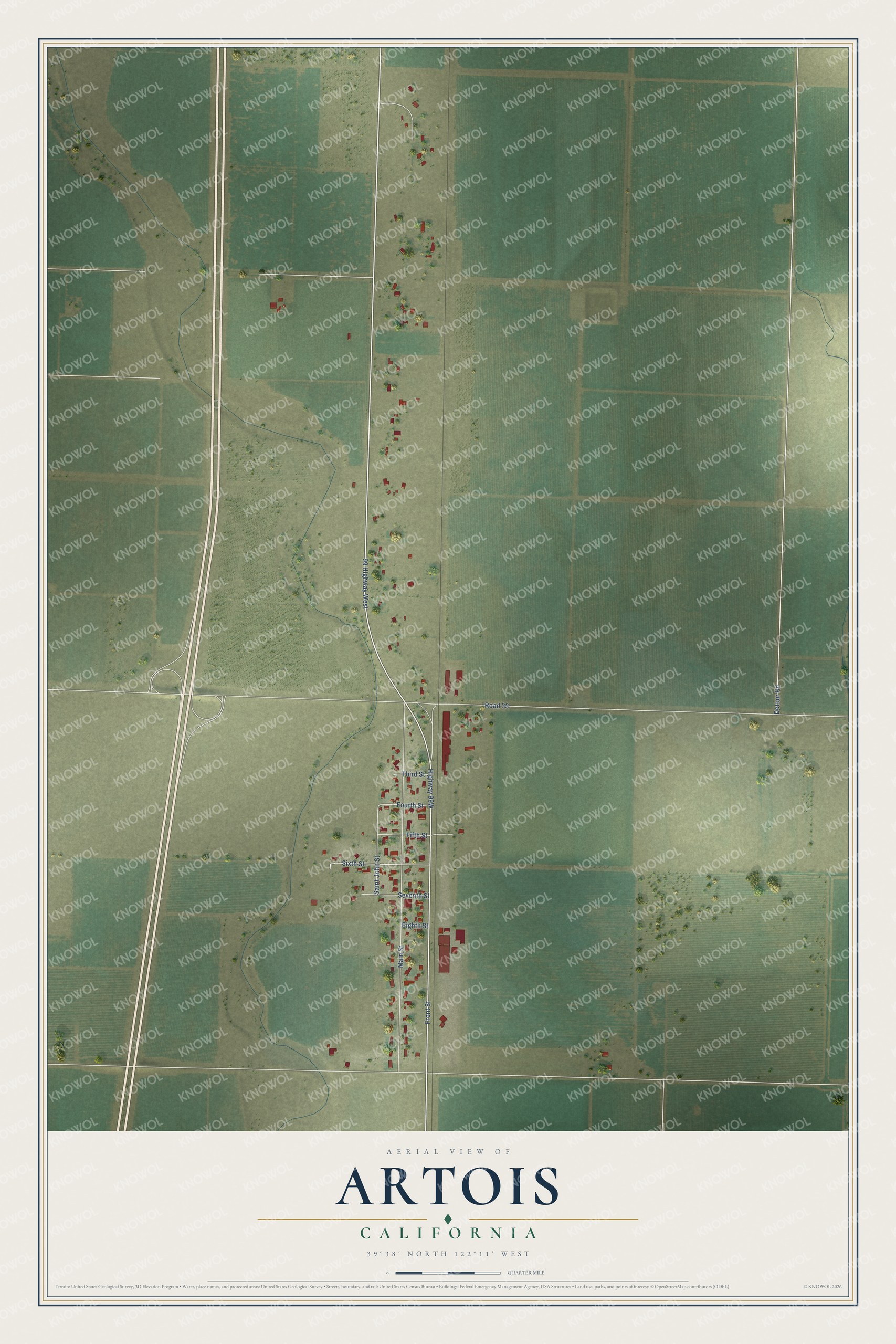Full map of Artois, California, with red buildings, printed street names and the land around them