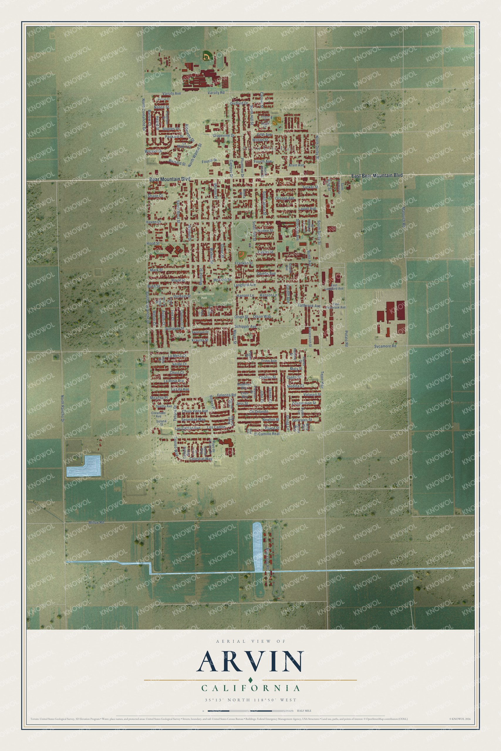 Full map of Arvin, California, with red buildings, printed street names and the land around them