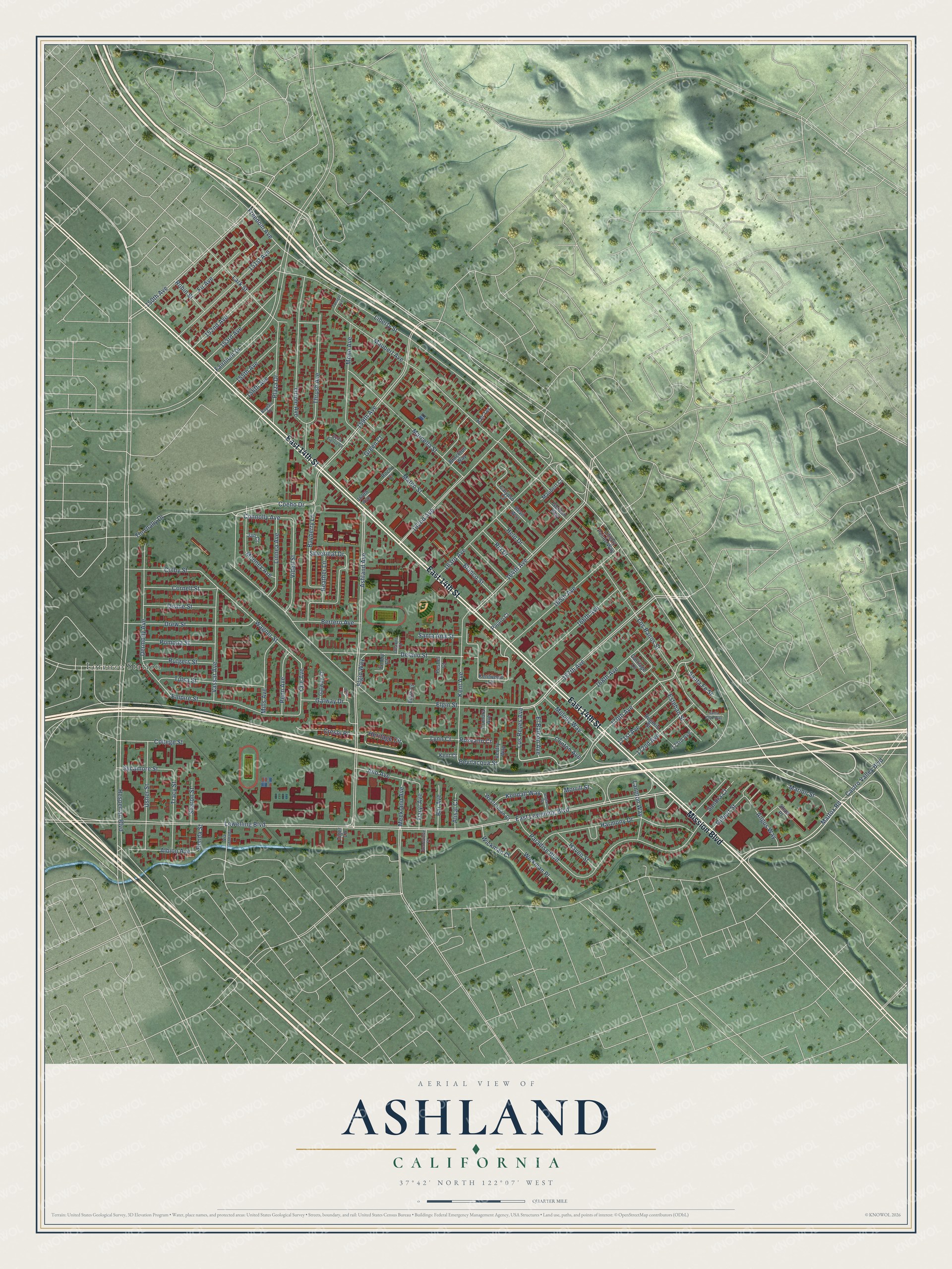 Full map of Ashland, California, with red buildings, printed street names and the land around them