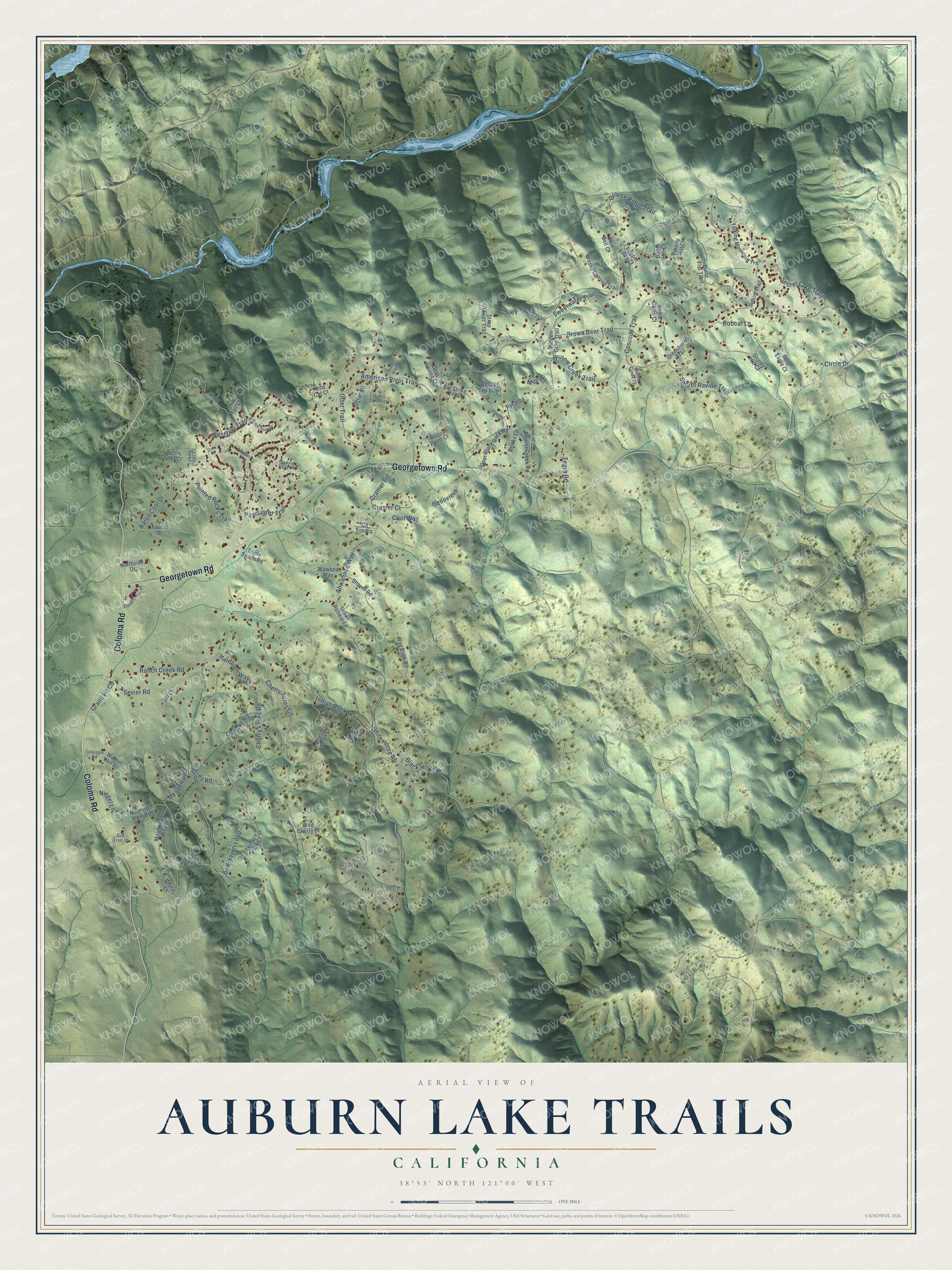 Full map of Auburn Lake Trails, California, with red buildings, printed street names and the land around them