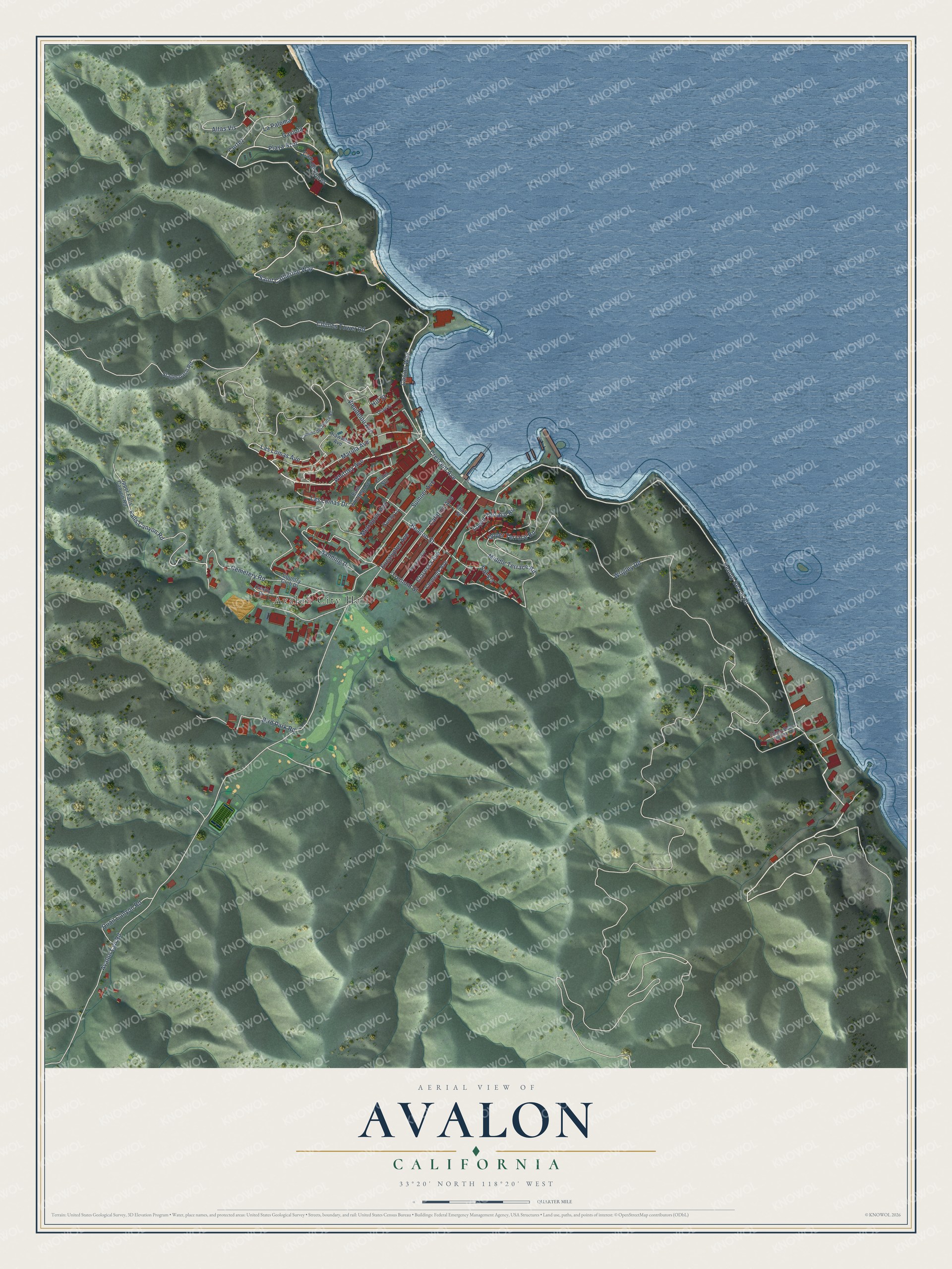 Full map of Avalon, California, with red buildings, printed street names and the land around them