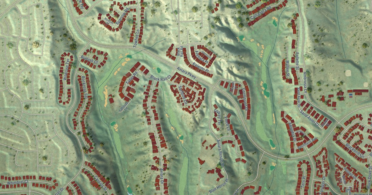 Close-up of streets and buildings in Aviara, California