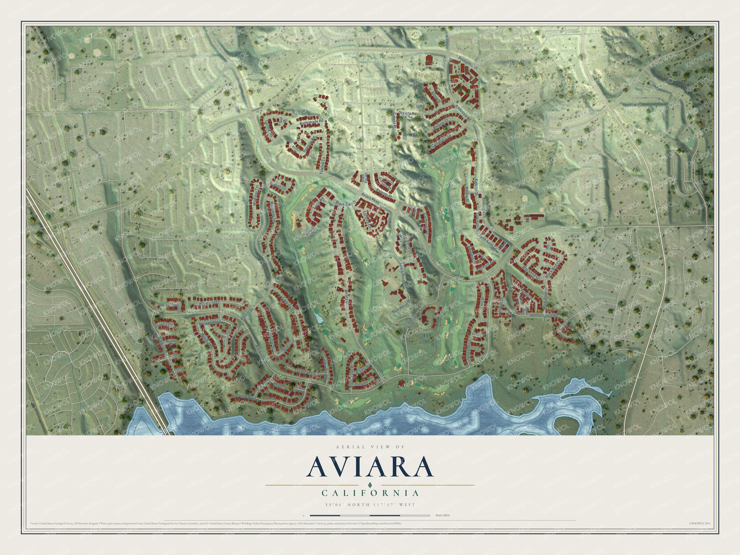 Full map of Aviara, California, with red buildings, printed street names and the land around them