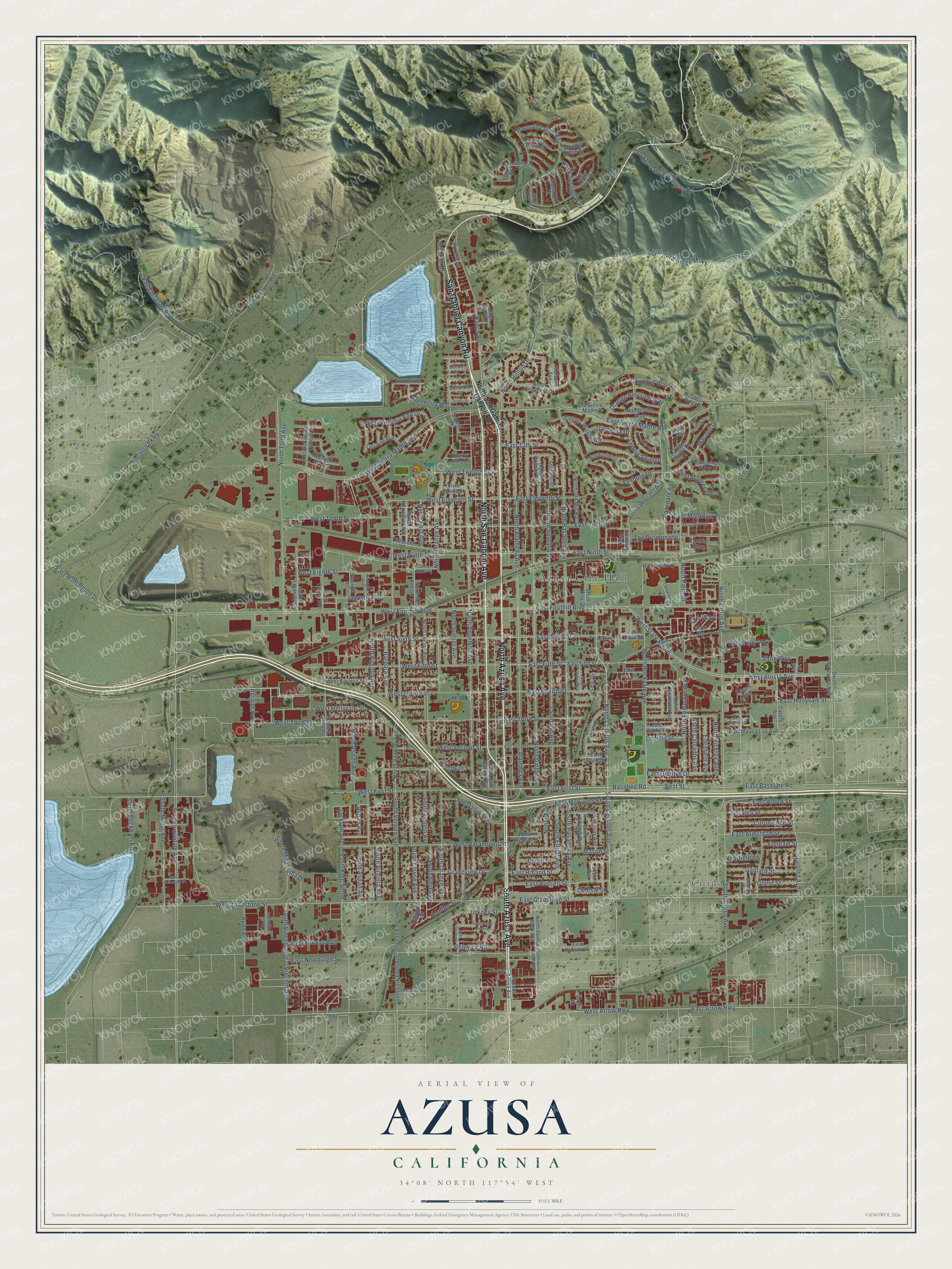 Full map of Azusa, California, with red buildings, printed street names and the land around them