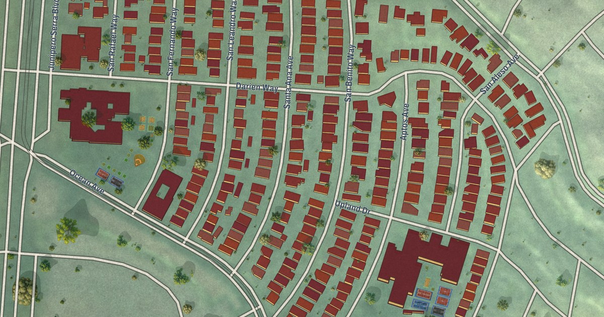 Close-up of streets and buildings in Balboa Terrace, California