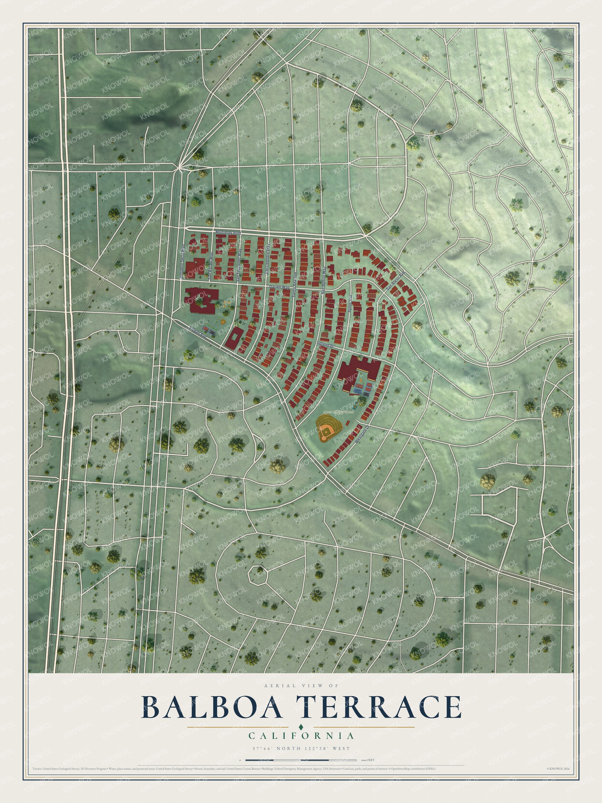 Full map of Balboa Terrace, California, with red buildings, printed street names and the land around them