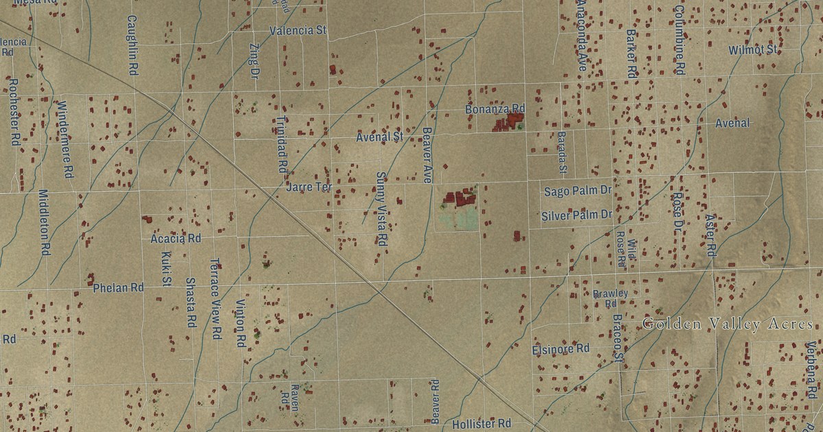 Close-up of streets and buildings in Baldy Mesa, California