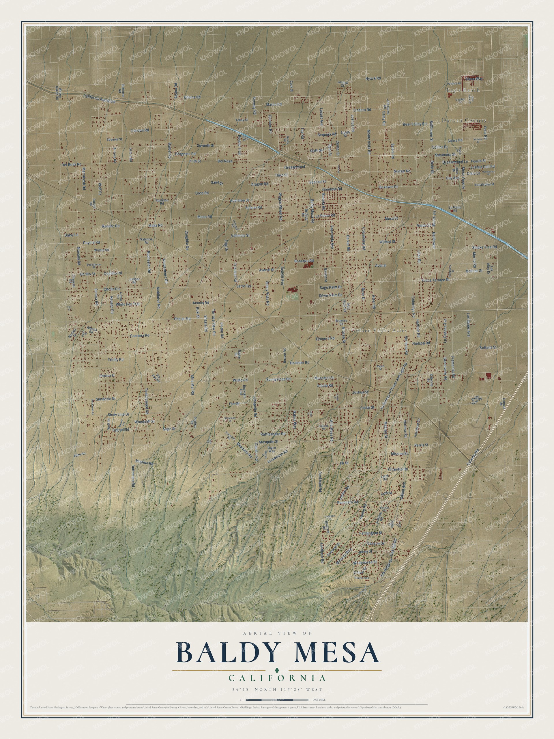 Full map of Baldy Mesa, California, with red buildings, printed street names and the land around them
