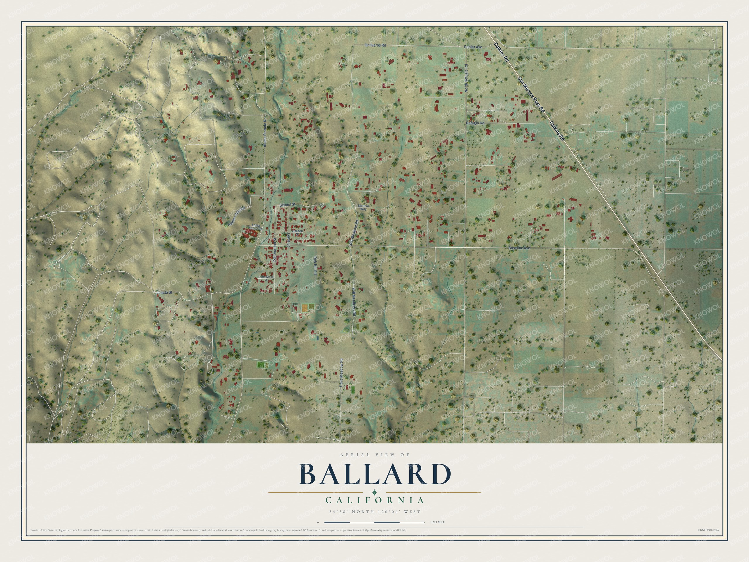 Full map of Ballard, California, with red buildings, printed street names and the land around them