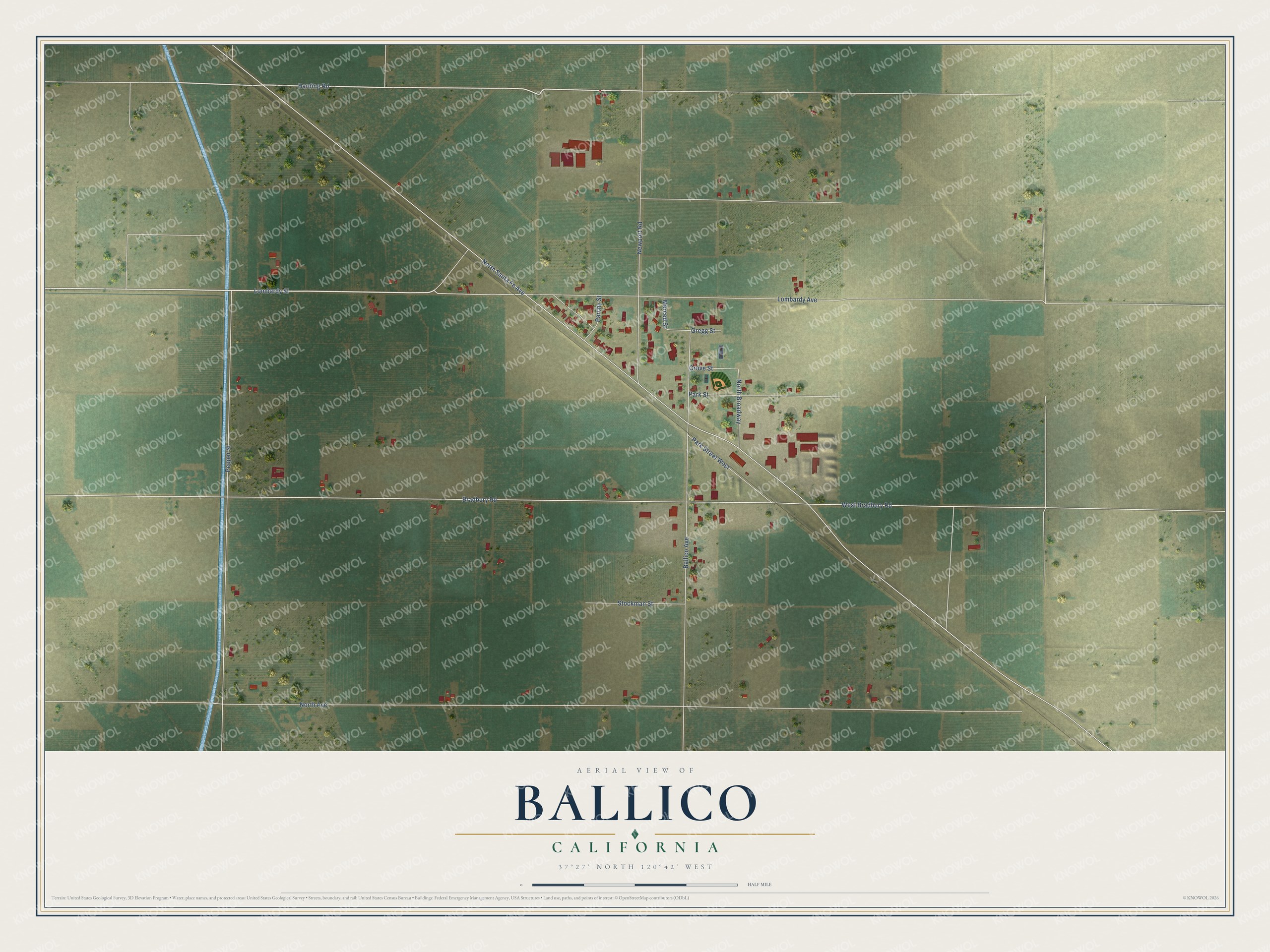 Full map of Ballico, California, with red buildings, printed street names and the land around them