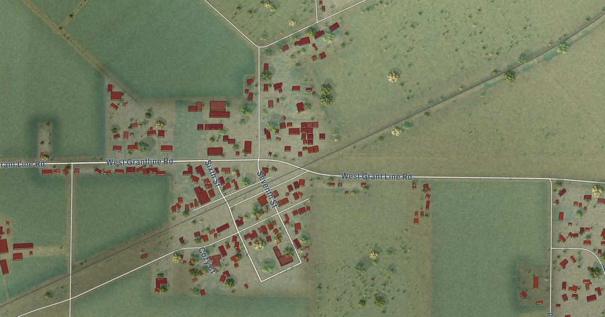 Close-up of streets and buildings in Banta, California