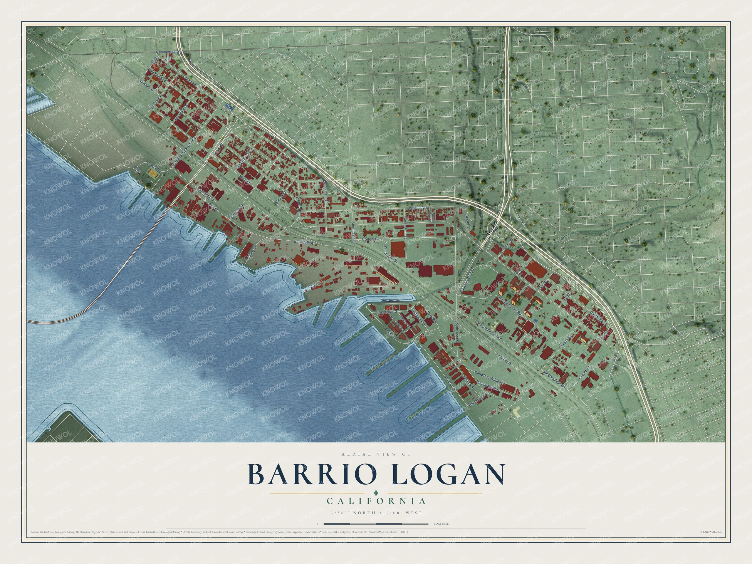 Full map of Barrio Logan, California, with red buildings, printed street names and the land around them