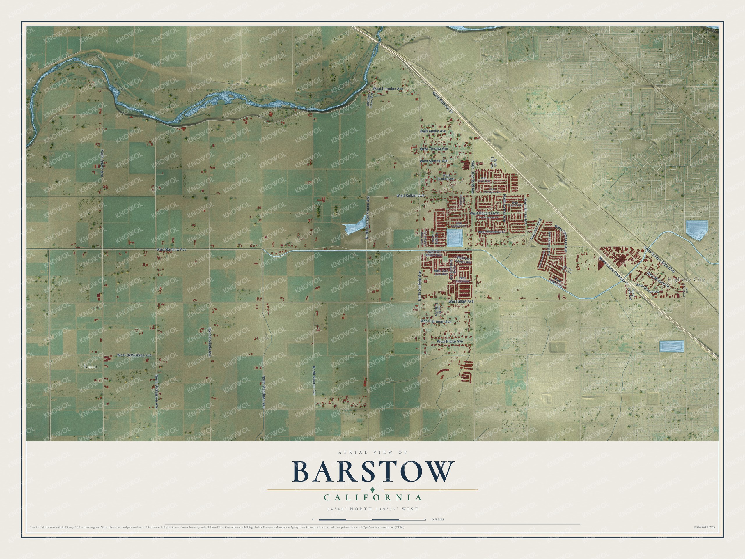 Full map of Barstow, California, with red buildings, printed street names and the land around them