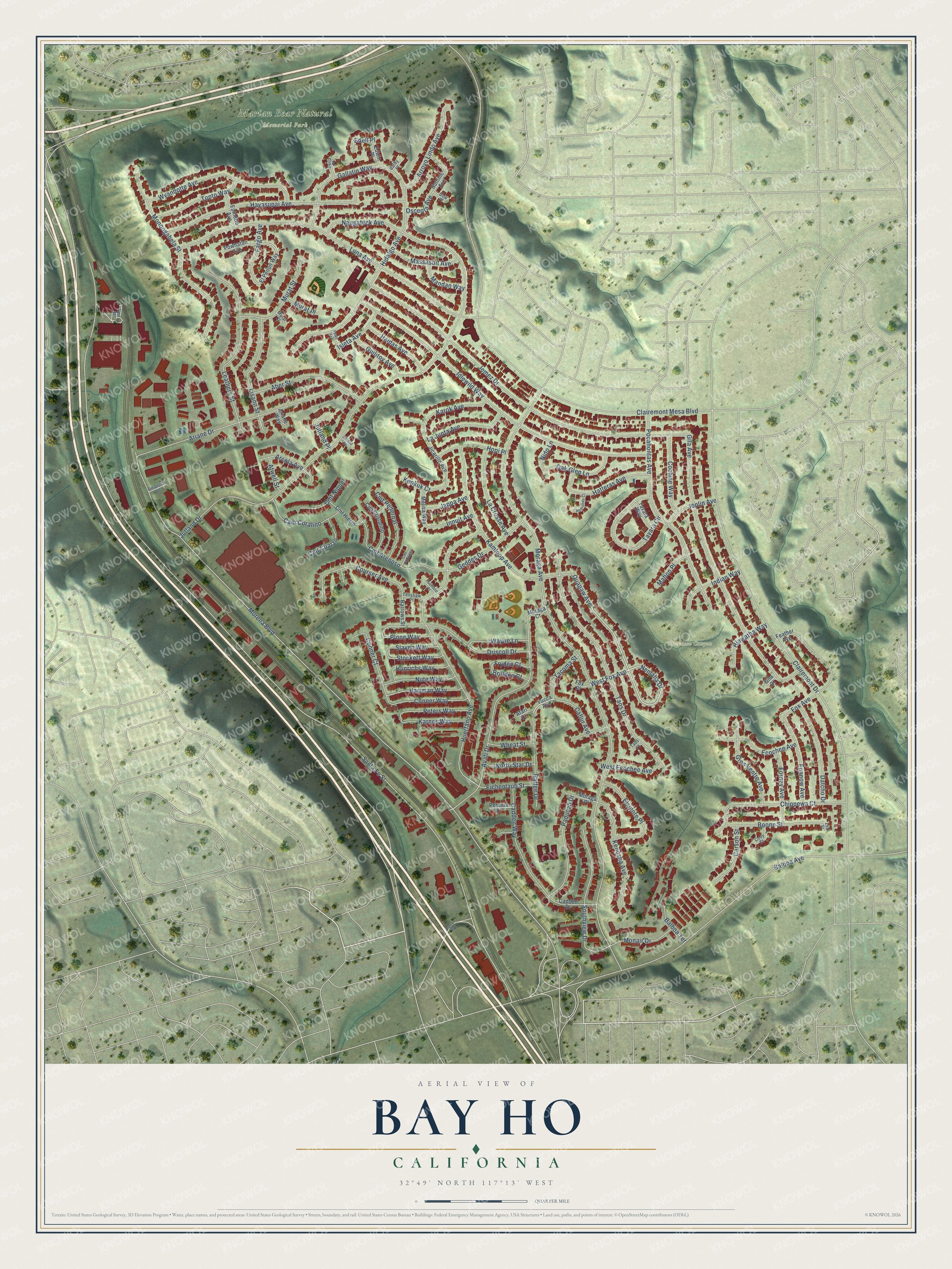Full map of Bay Ho, California, with red buildings, printed street names and the land around them