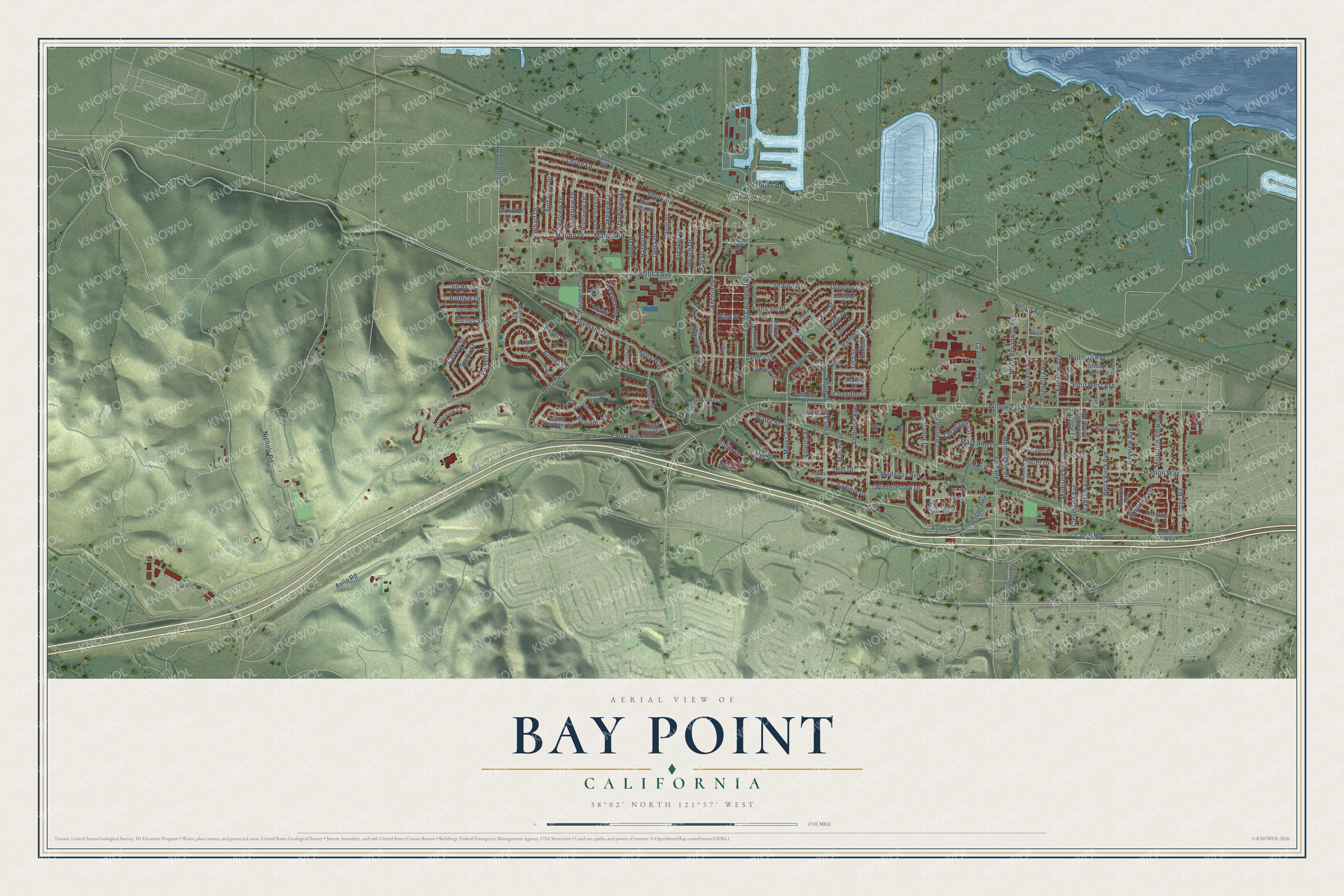 Full map of Bay Point, California, with red buildings, printed street names and the land around them
