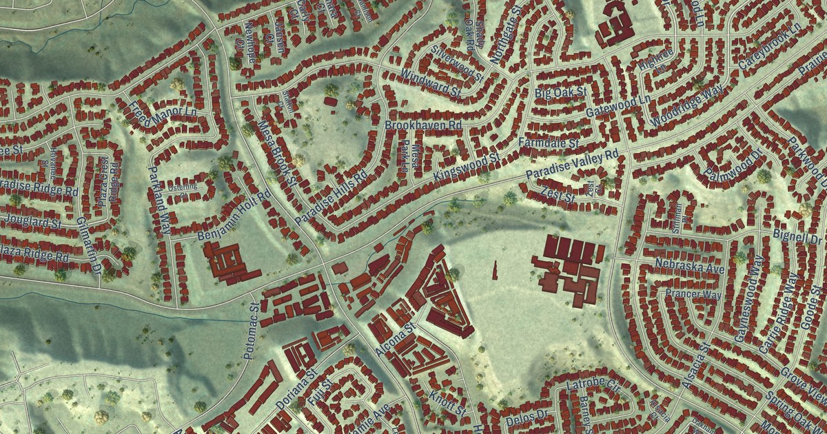 Close-up of streets and buildings in Bay Terraces, California