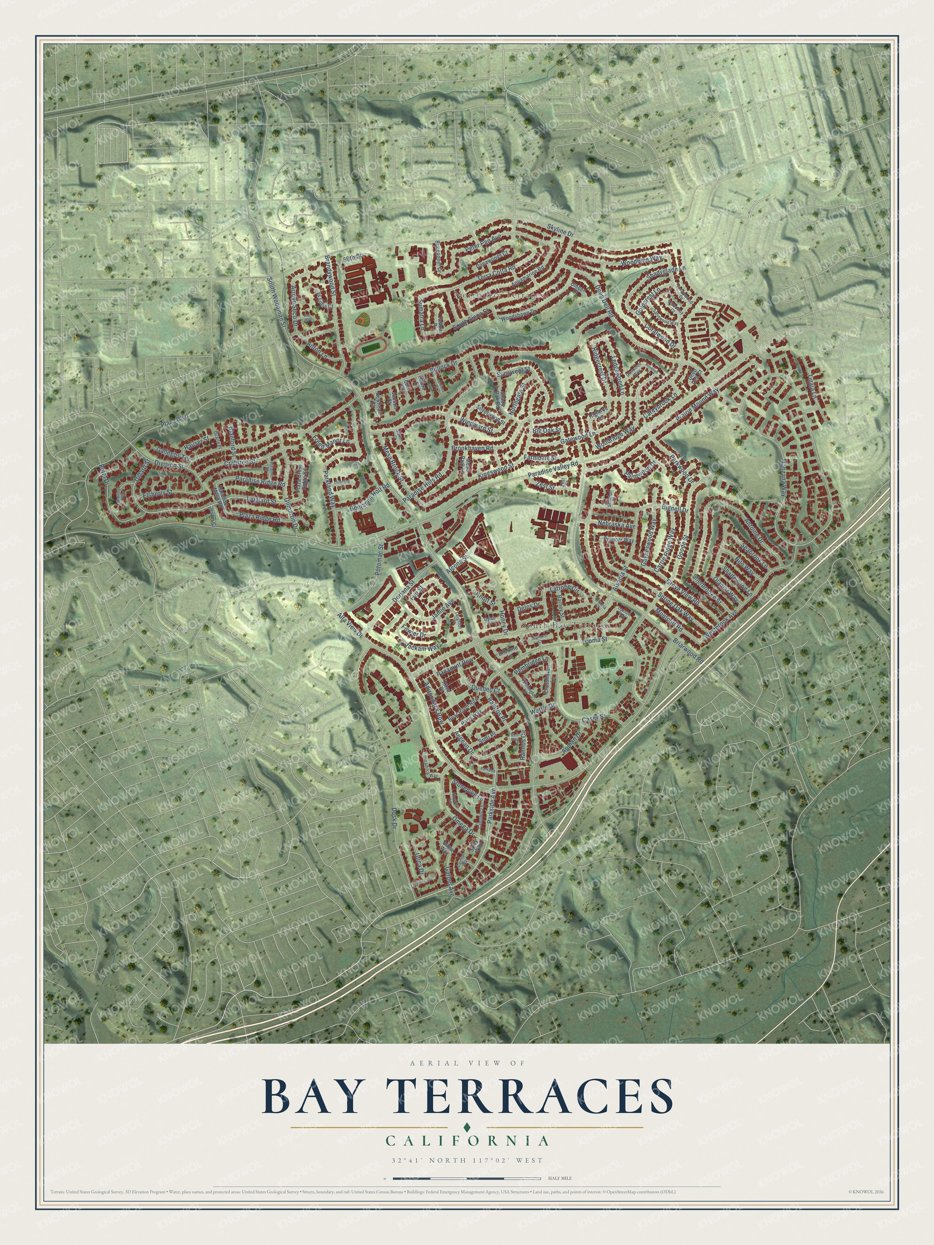 Full map of Bay Terraces, California, with red buildings, printed street names and the land around them
