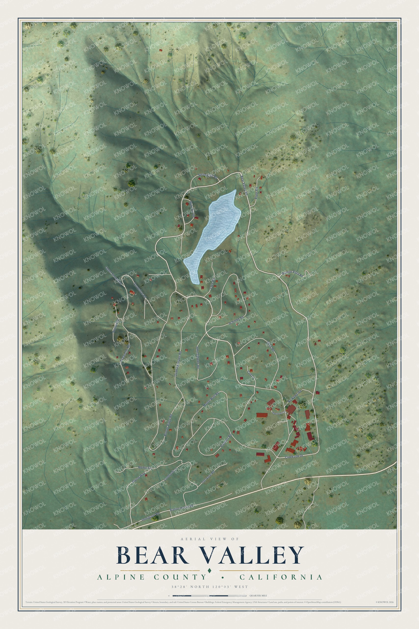 Full map of Bear Valley, California, with red buildings, printed street names and the land around them