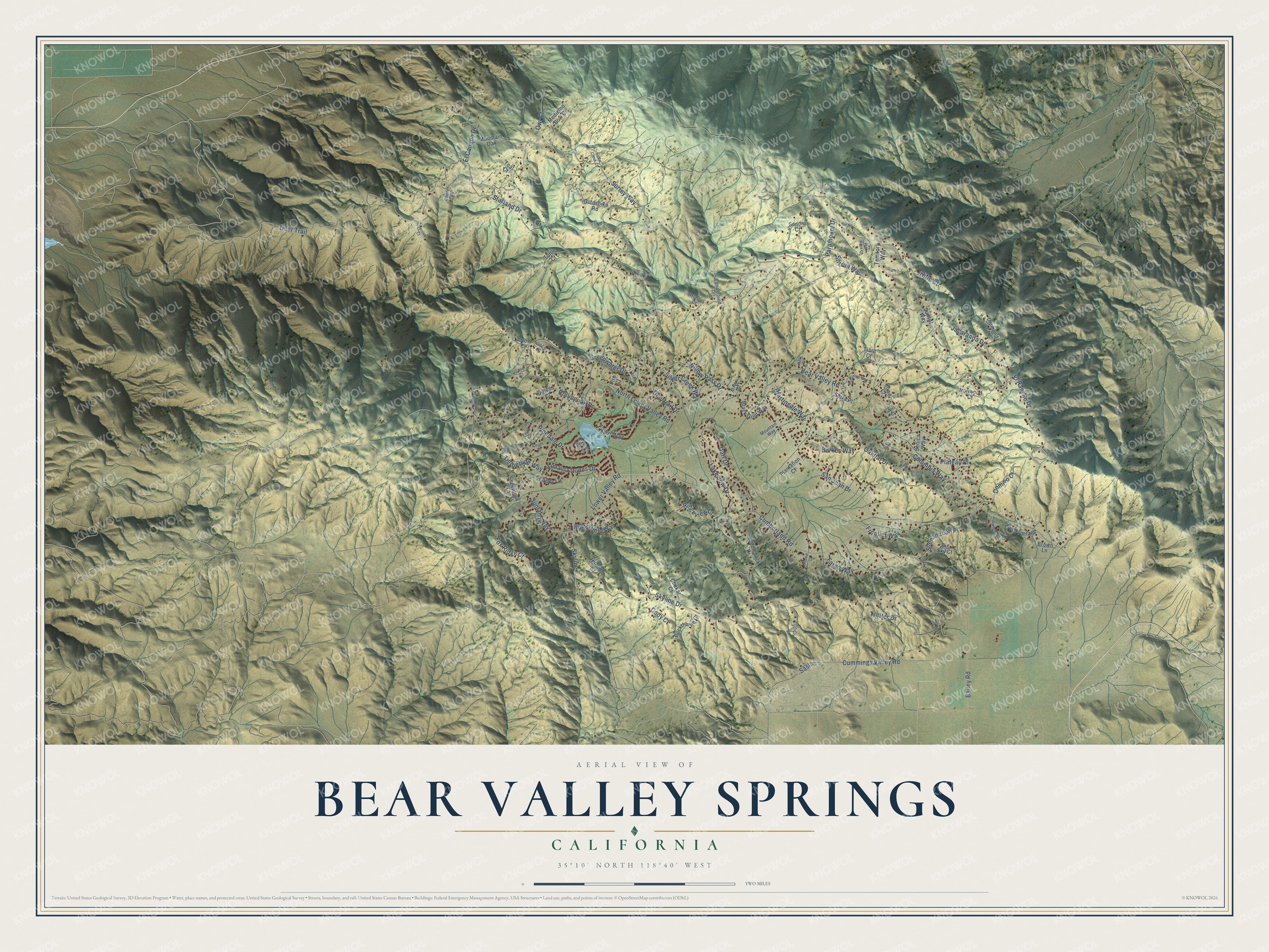 Full map of Bear Valley Springs, California, with red buildings, printed street names and the land around them