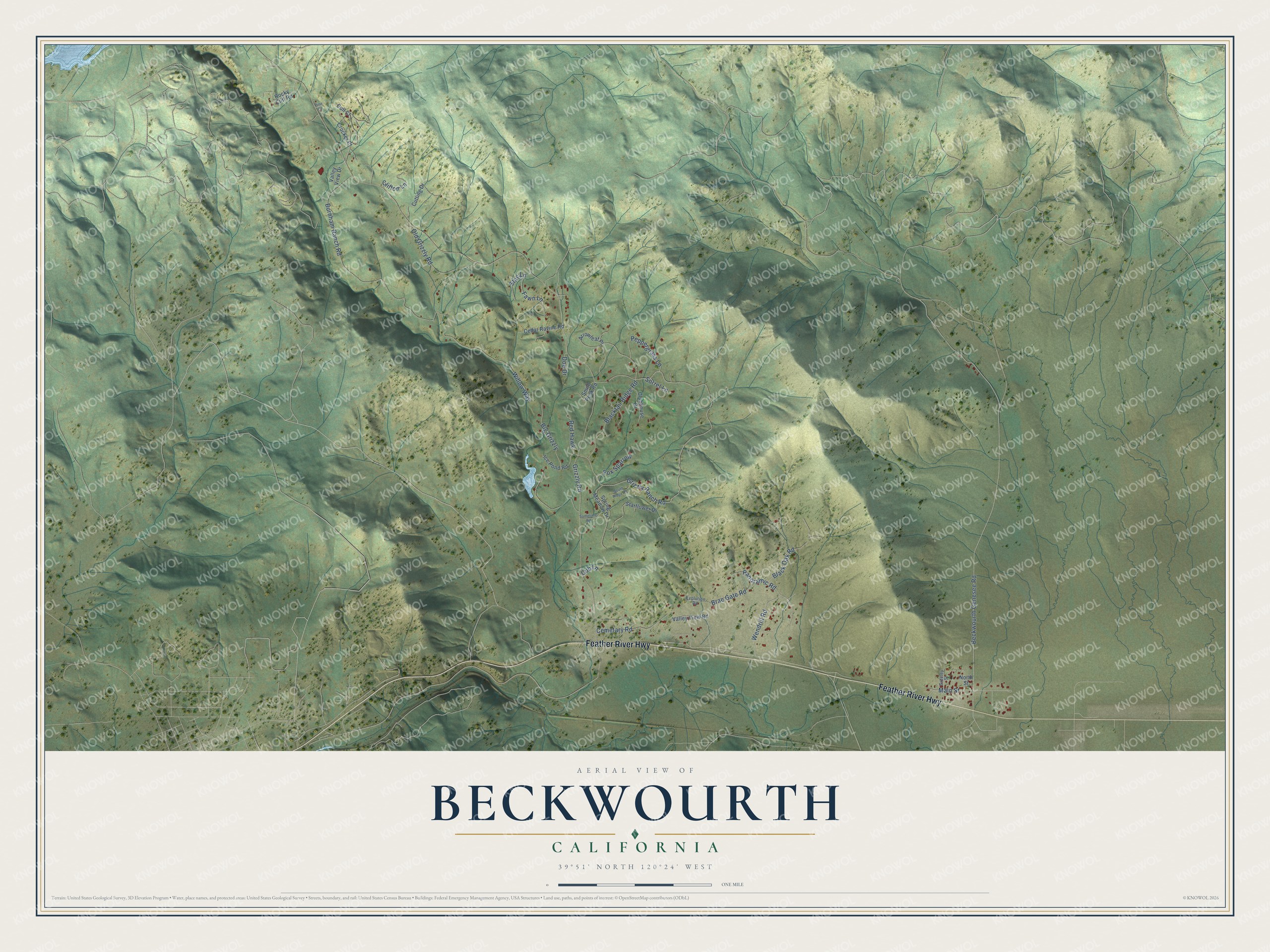 Full map of Beckwourth, California, with red buildings, printed street names and the land around them