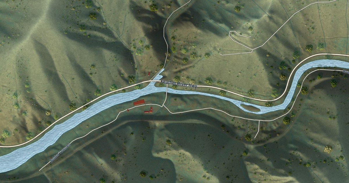 Close-up of streets and buildings in Belden, California