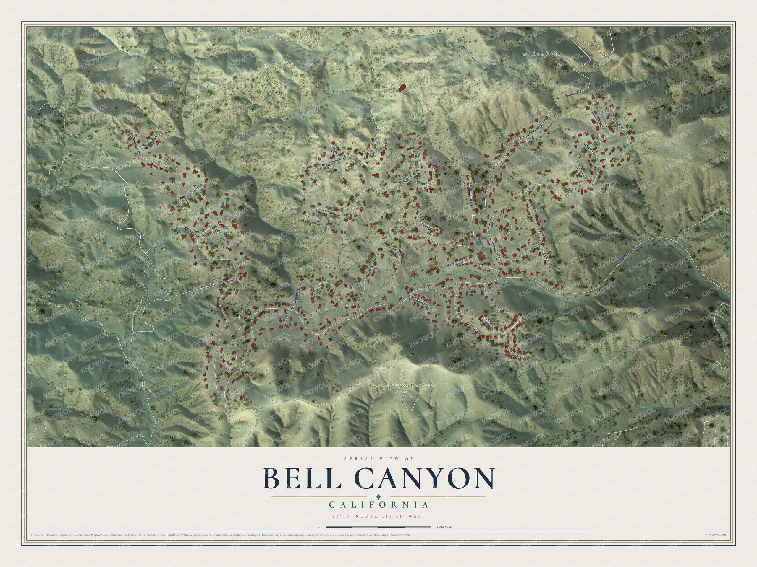 Full map of Bell Canyon, California, with red buildings, printed street names and the land around them