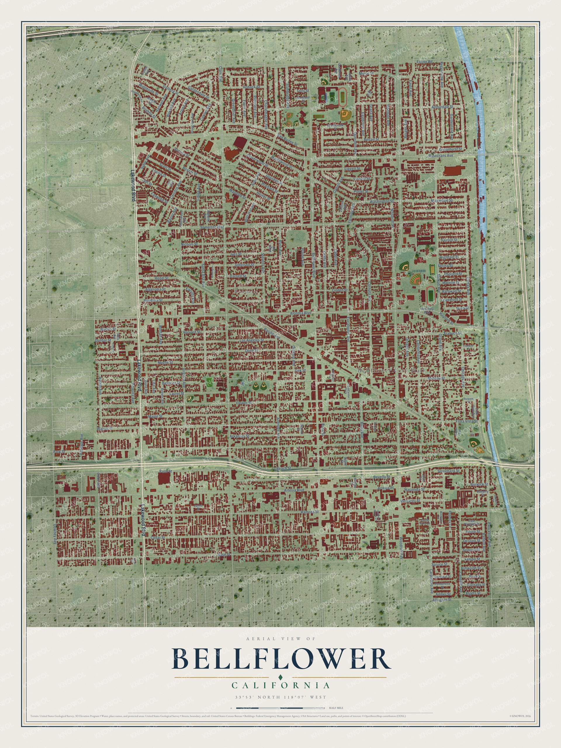 Watermarked full-map preview of Bellflower, California