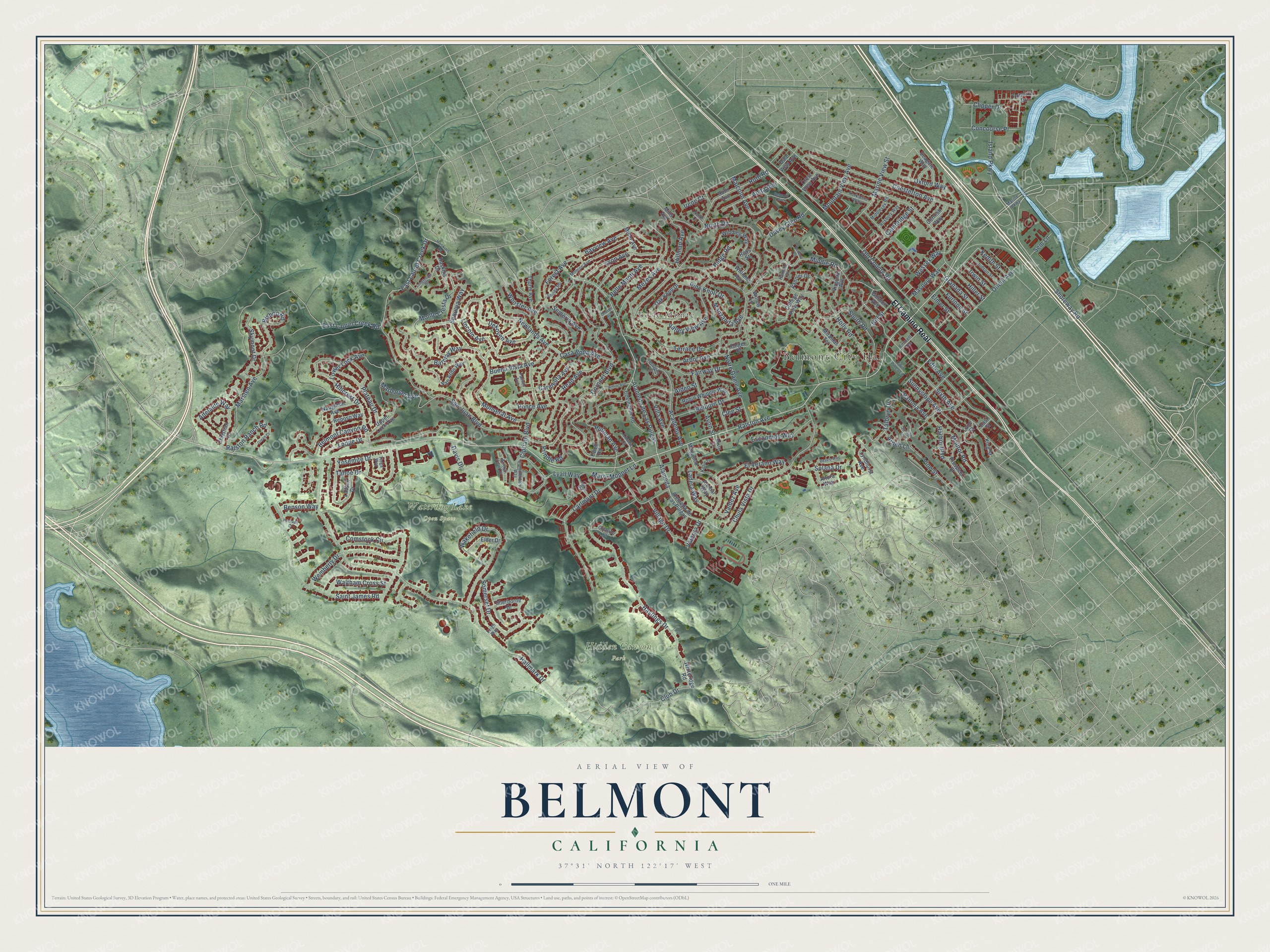 Full map of Belmont, California, with red buildings, printed street names and the land around them