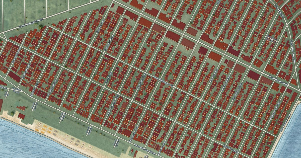 Close-up of streets and buildings in Belmont Shore, California