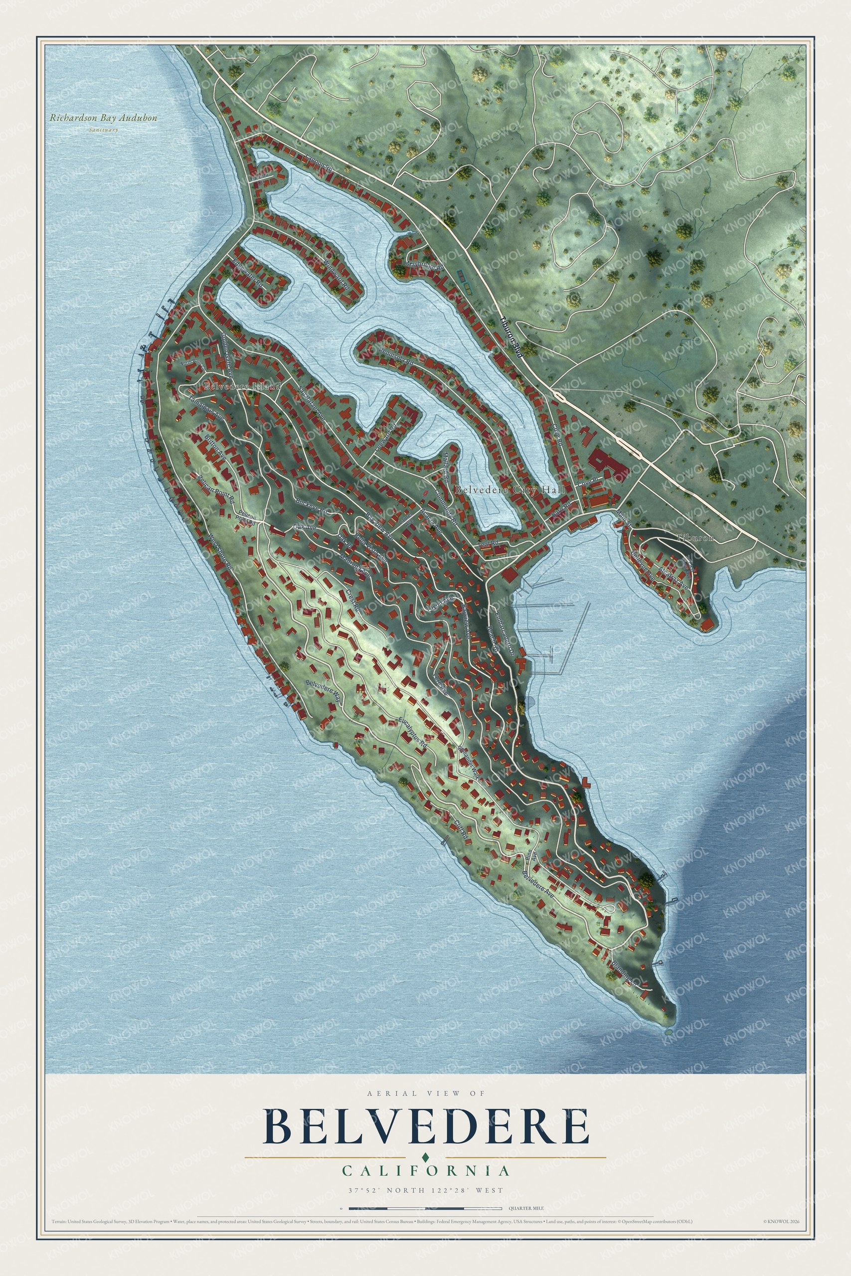 Full map of Belvedere, California, with red buildings, printed street names and the land around them