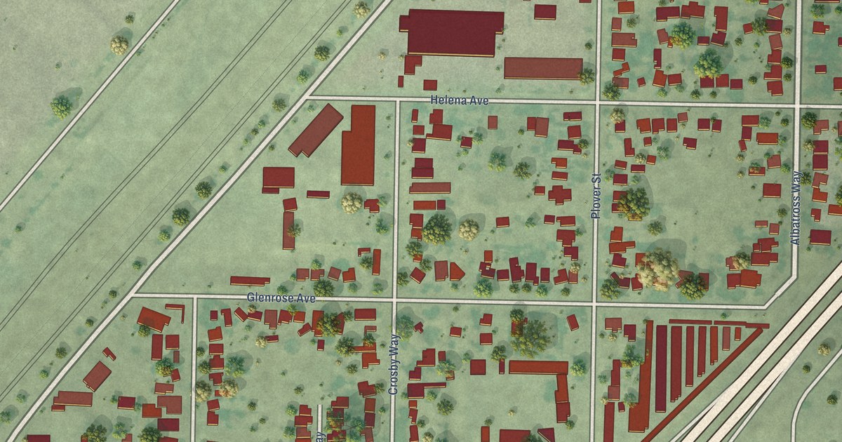 Close-up of streets and buildings in Ben Ali, California