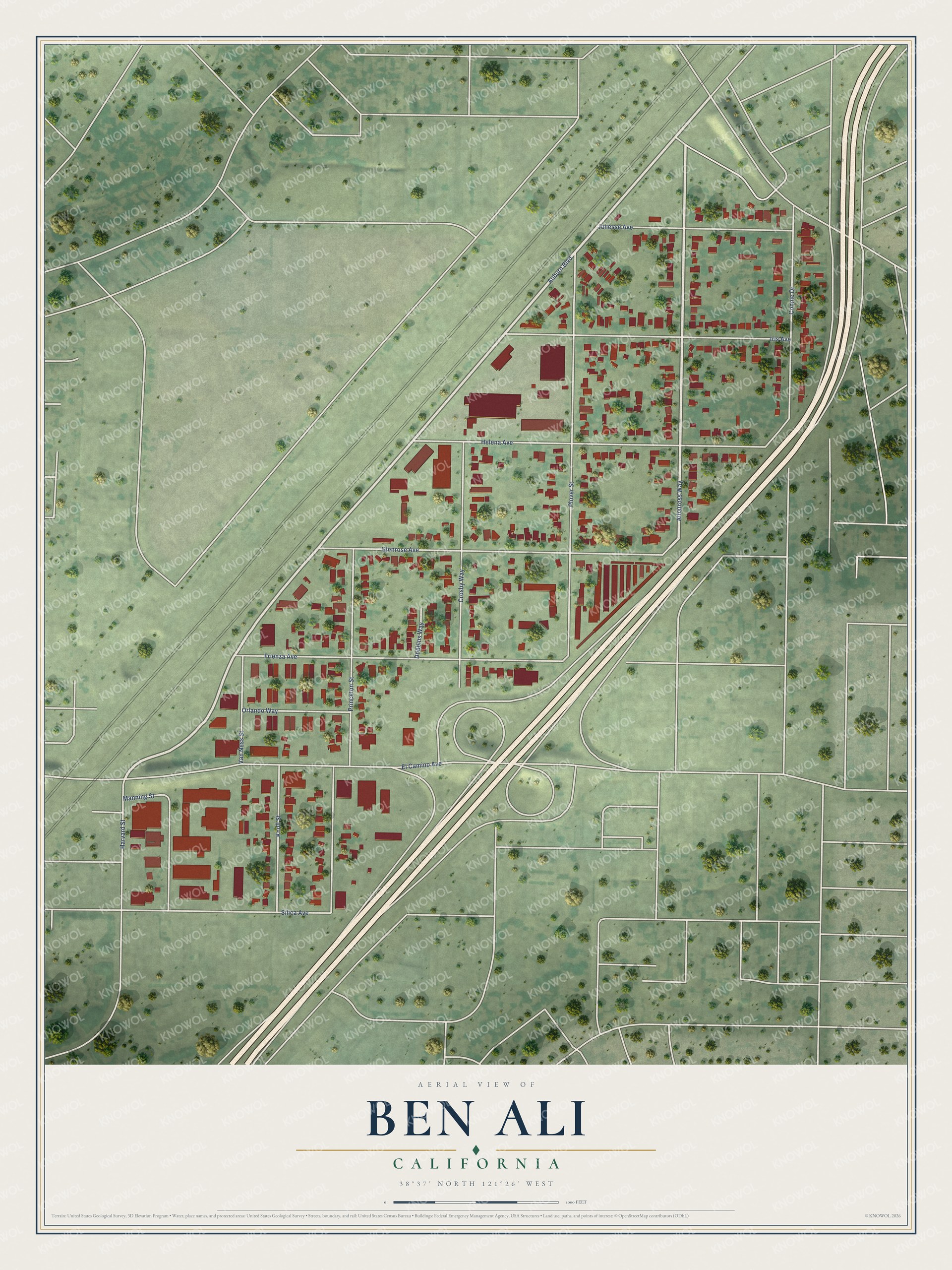 Full map of Ben Ali, California, with red buildings, printed street names and the land around them
